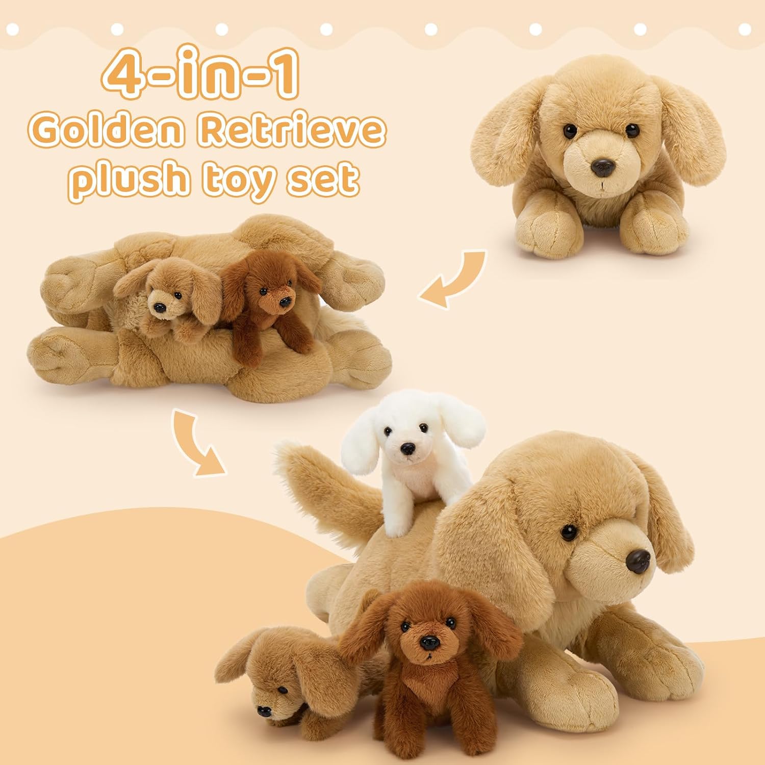 MaoGoLan 4pcs Golden Retriever Stuffed Animal with Babies Inside - 18" Mommy Dog Stuffed Animal with 3 Puppy Plushies, Soft Cute Stuffed Dog Plush Toys for Kids Girls Boys Birthday