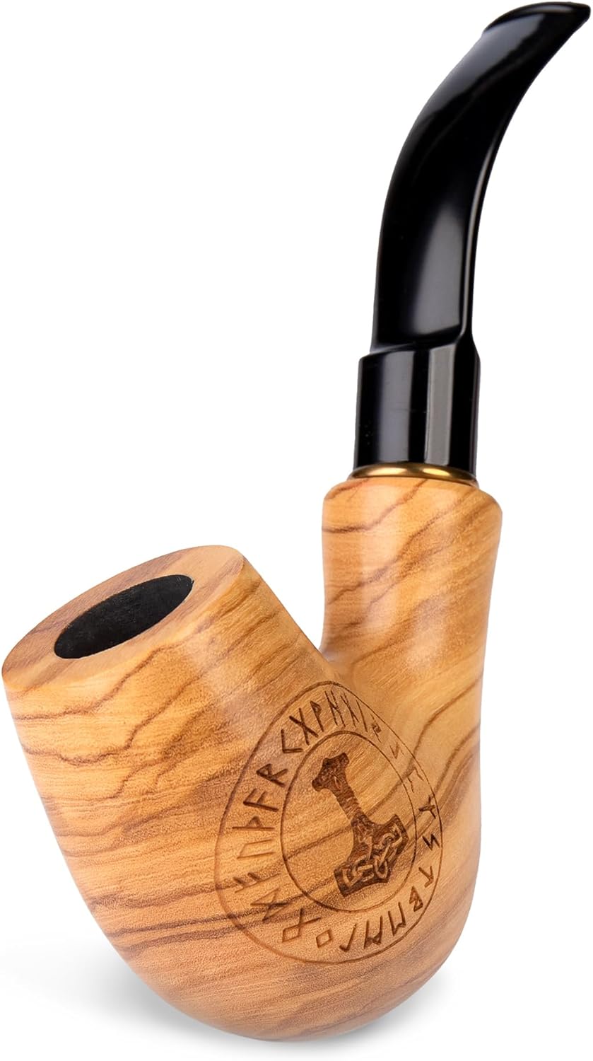 5.1 Olive wood Tobacco Smoking Pipe with engraving Mjolnir - Thor's Hammer | pipes for 9mm filter - 13cm. Velvet pouch gift