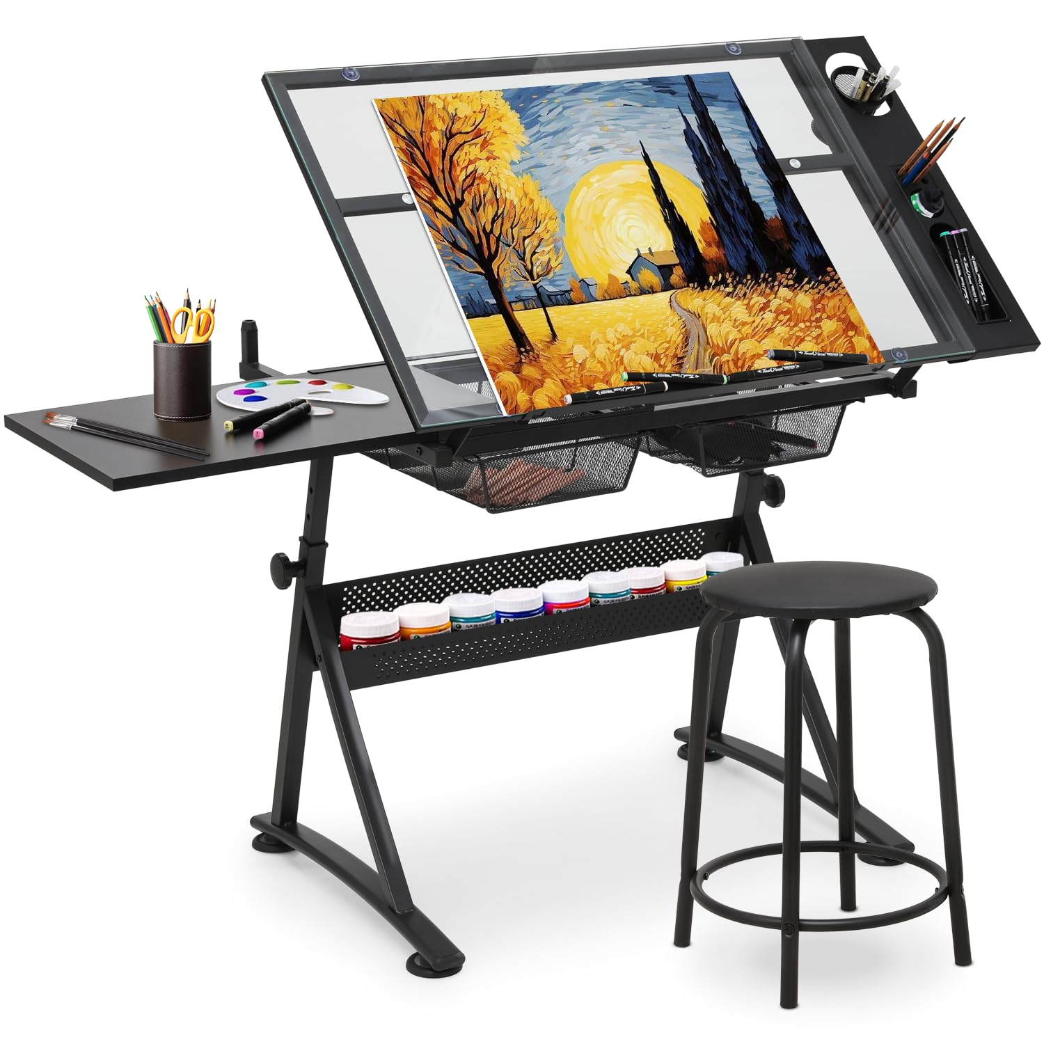 Athena Collection Drafting Table for Artists, Height Adjustable Drawing Table, Dual Desktop Art Desk Metal Frame Art Table Tiltable Craft Desk Paintings Work Station with Stool and Drawers, Black