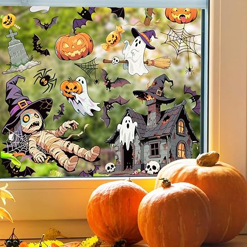 Miniatura 4 de 9 hojas de calcomanías para ventana de Halloween, calcomanías de doble cara para decoración de fiestas, decoración del hogar en interiores y