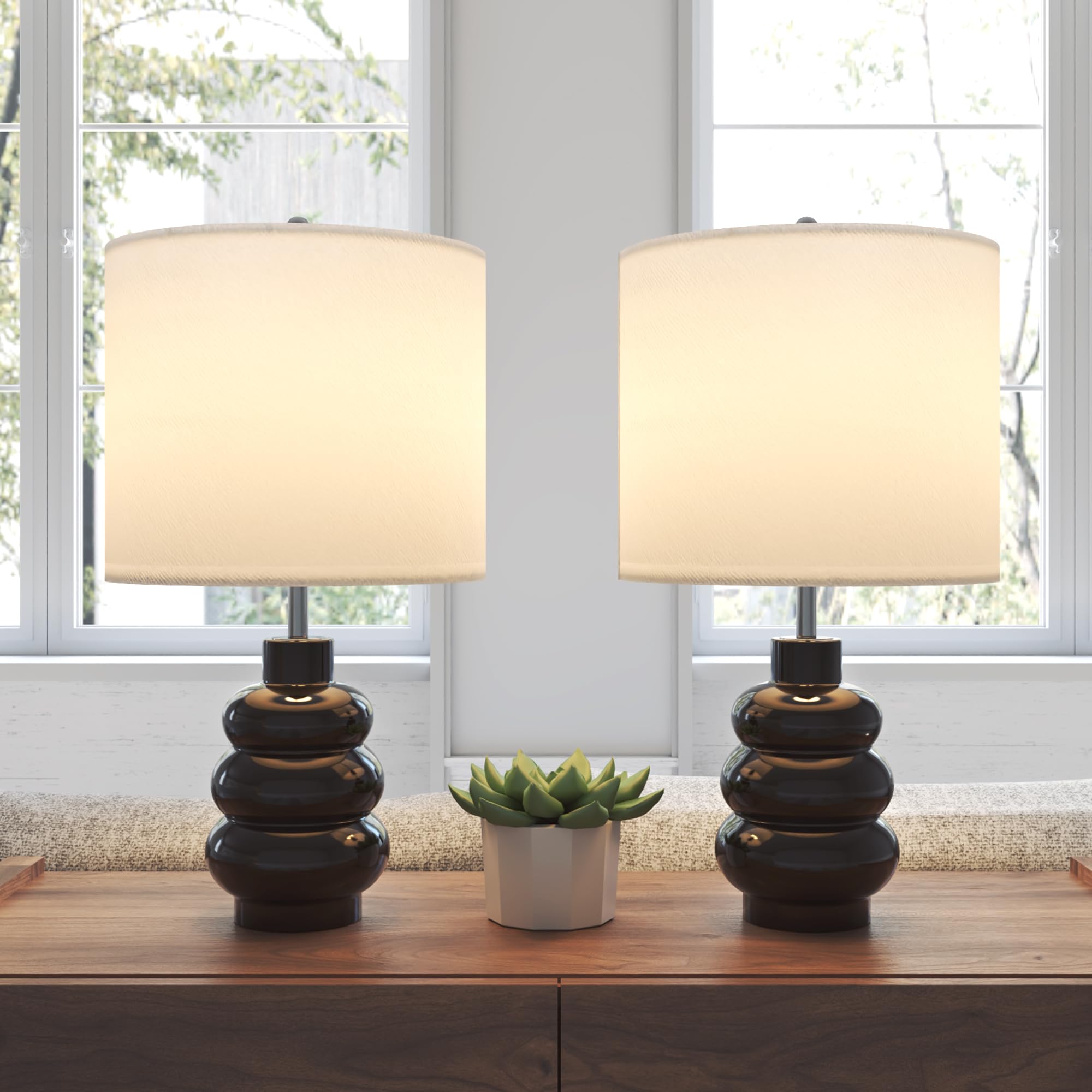 Photo 1 of Lumspax 17.5" Black Ceramic Gourd Table Lamps Set of 2, Touch Control Farmhouse Lamps for Nightstand Living Room, Small Rustic Bedside Lamp for Bedroom Desk End Table Office with Linen Shades