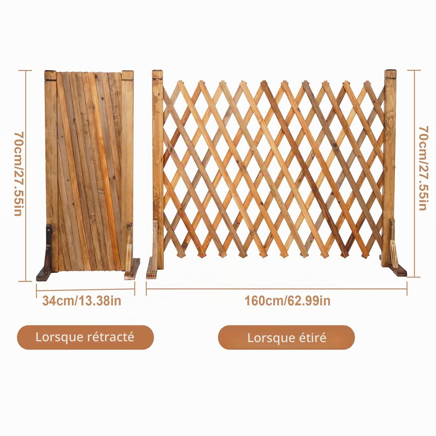 uyoyous Lot de 2 treillis de clôture extensibles en bois, panneaux de treillis de jardin extensibles, longueur 34-160cm, panneau d'écran de jardin pliable autoportant pour patio, pelouse, barrière de