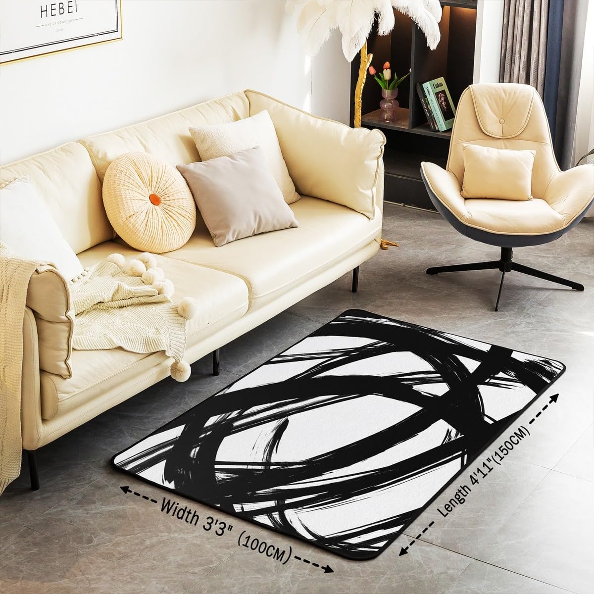 Black and White Abstarct Area Rug 4'11" x 3'3" for Adult Women Men, Geometric Striped Carpet for Minimalists,Graffiti Lines Indoor Floor Mat,Contemporary Modern Art Decorative Washable Rug