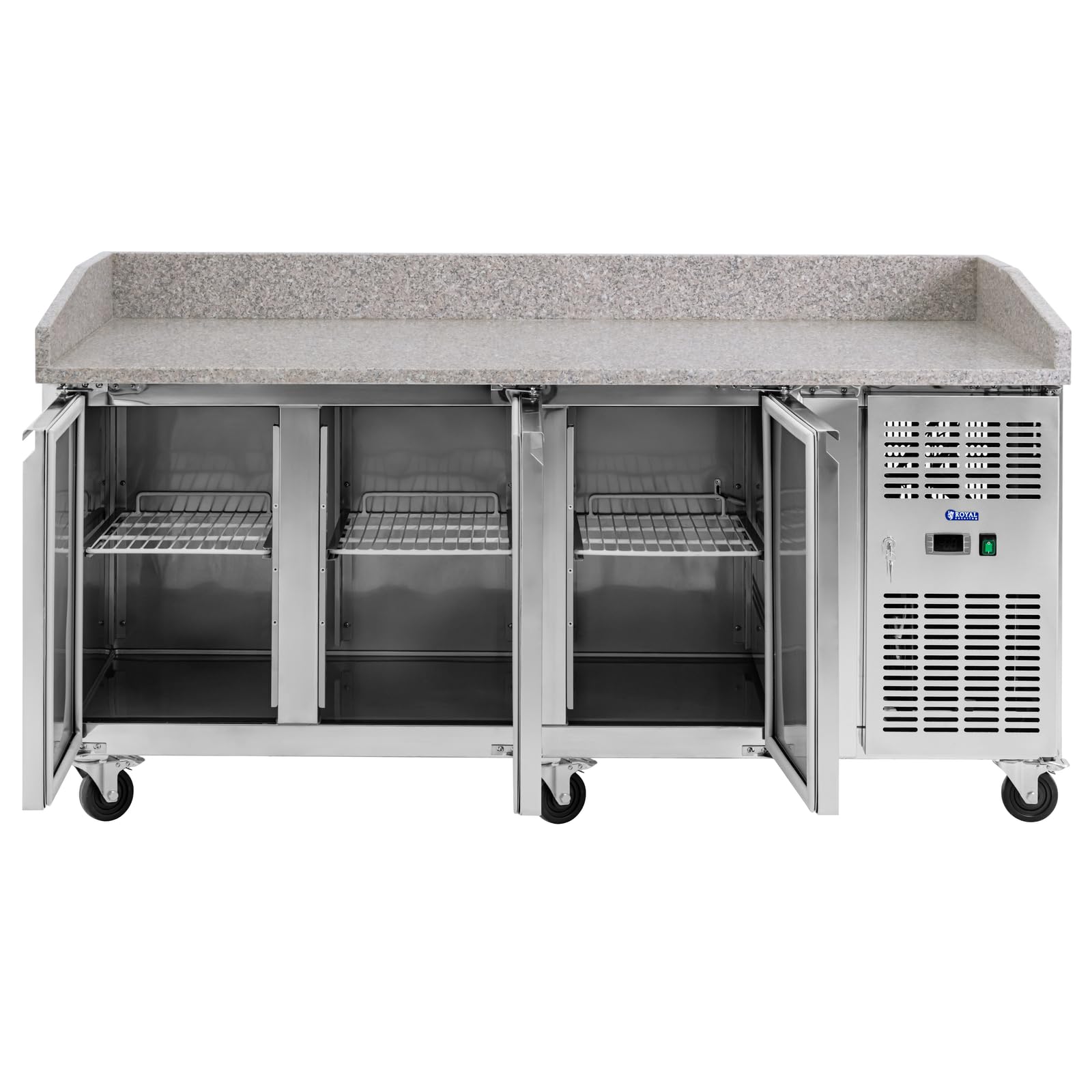 Royal Catering Mesa Refrigerada con Ruedas Volumen de 560 L 3 Compartimentos 202 x 80 cm Acero Inoxidable Bajomostrador refrigerado Mostrador refrigerado para hostelería