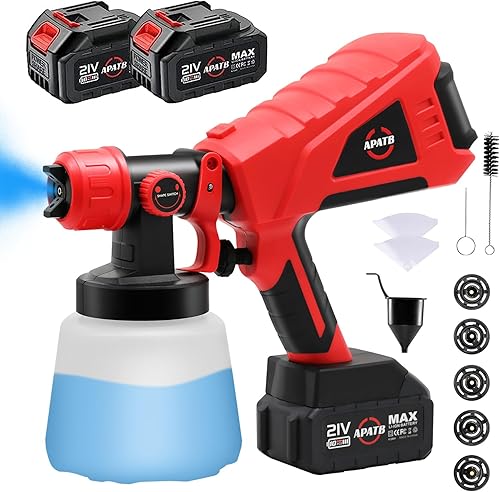 Pulverizador de pintura inalámbrico con 2 baterías, pistola de pintura eléctrica HVLP con recipiente de 33.8 fl oz, 5 boquillas de cobre y 3