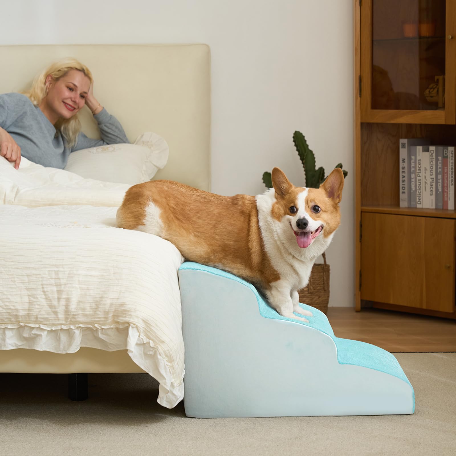 Dripex Curved Dog Stairs for Beds Couches, 3-Step Dog Steps with Durable Non-Slip Fabric Cover, Dog Slope Stairs for Small Dogs, Cats or Pets Friendly, Blue — image 1