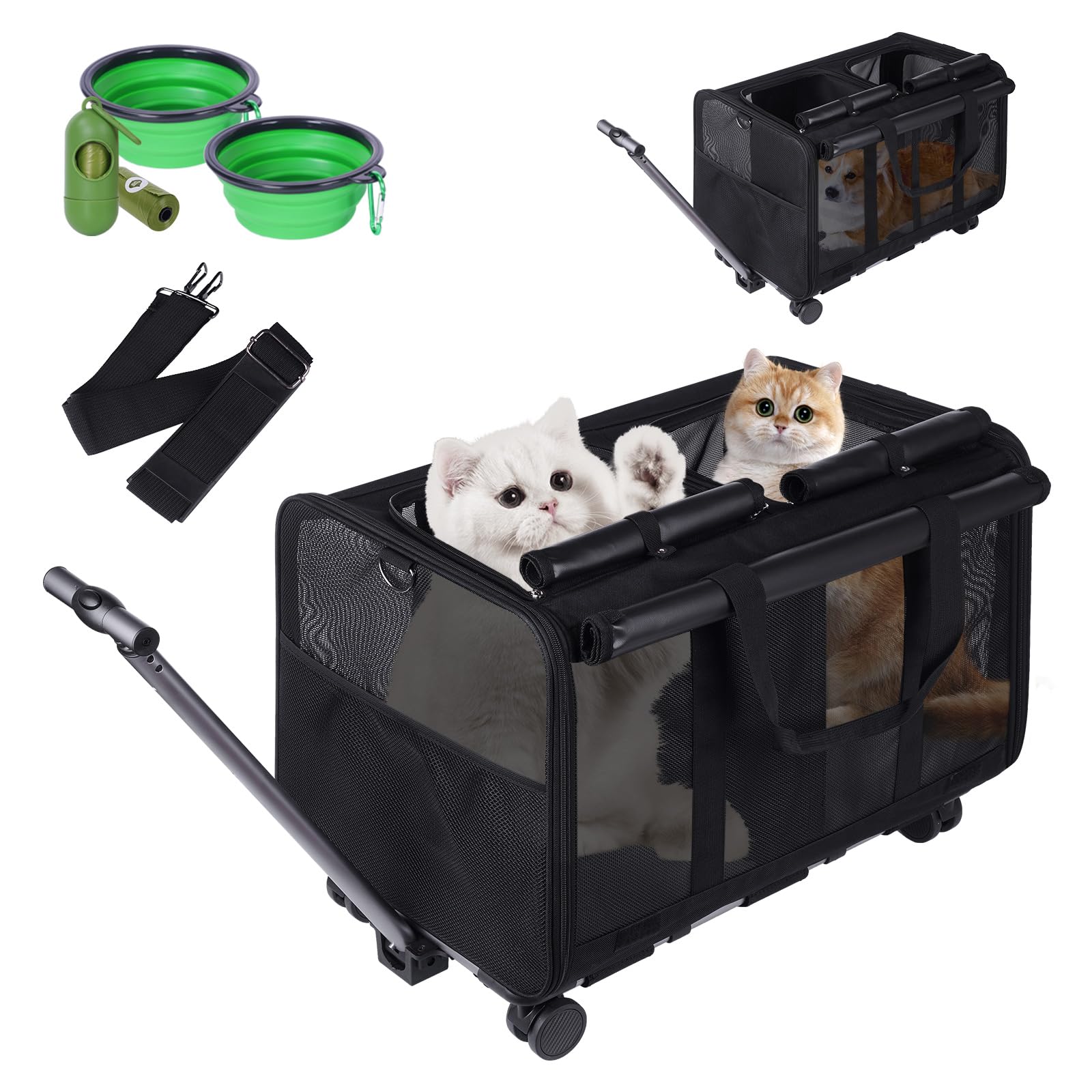 Sac de Transport Portable Double Compartiment pour Animaux à roulettes, Chariot de Voyage avec Poignée et Poches Rangement, Respirant et Confortable, avec Accessoires Bonus - Noir
