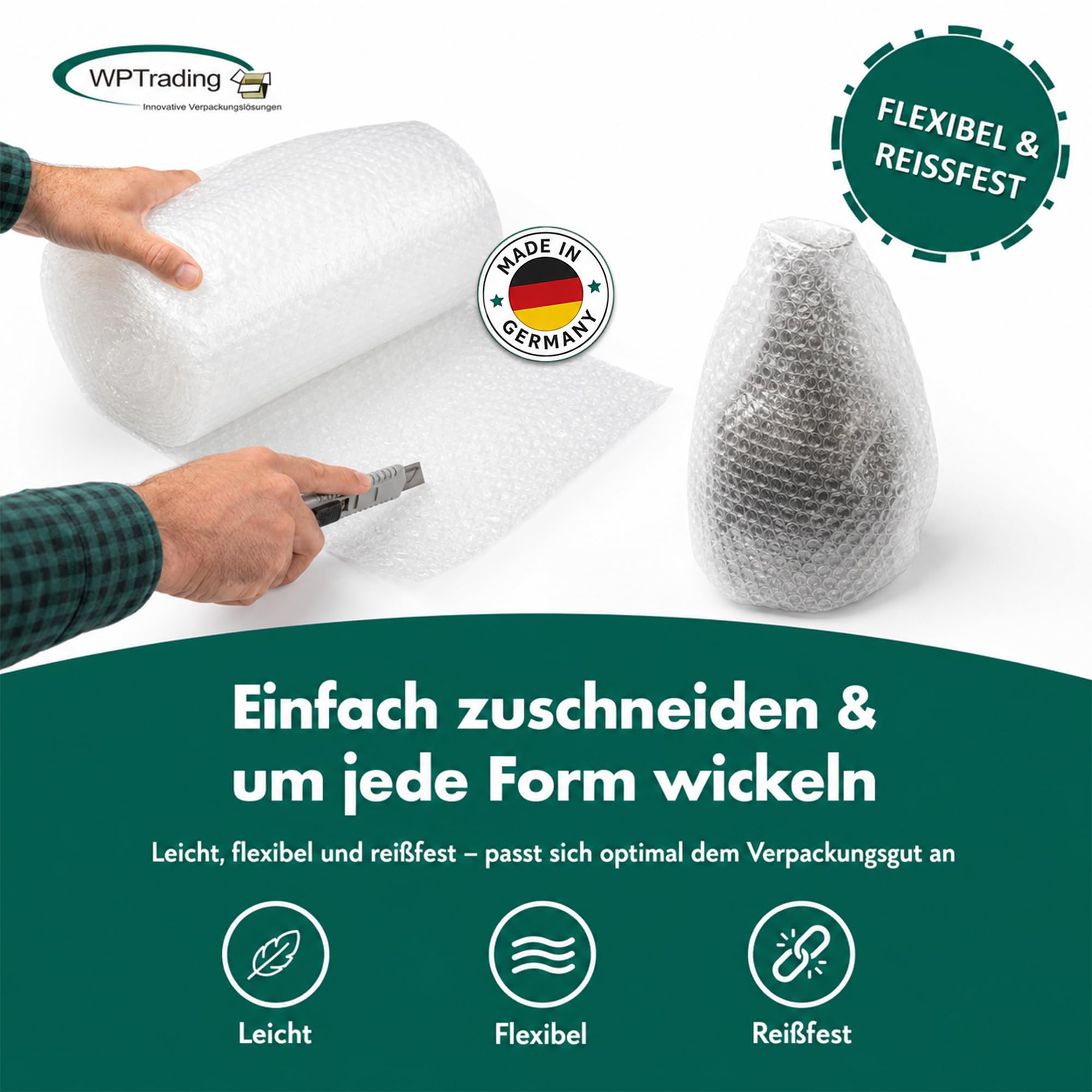 9 x Rolle Luftpolsterfolie 75 cm x 5 m (2-lagige mit 50 my) - Noppenfolie 75cm breit mit Noppenhöhe 5 mm - Stoßdämpfende Verpackungsfolie reißfest & transparent für Versand & Umzug