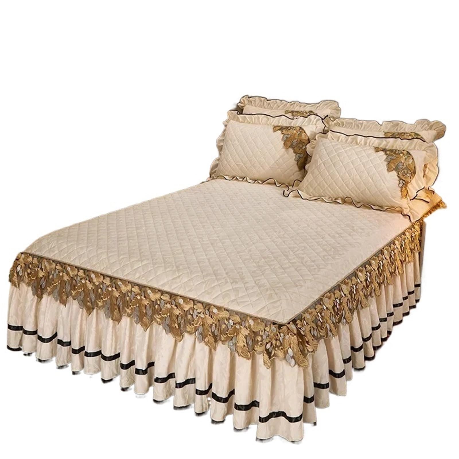Plush Winter Warm Bedspread On The Bed Thickened Skirt-style Embroidery Quilt Bedding Cover Pillowcases(Beige,Bed Sheet 150x200cm)
