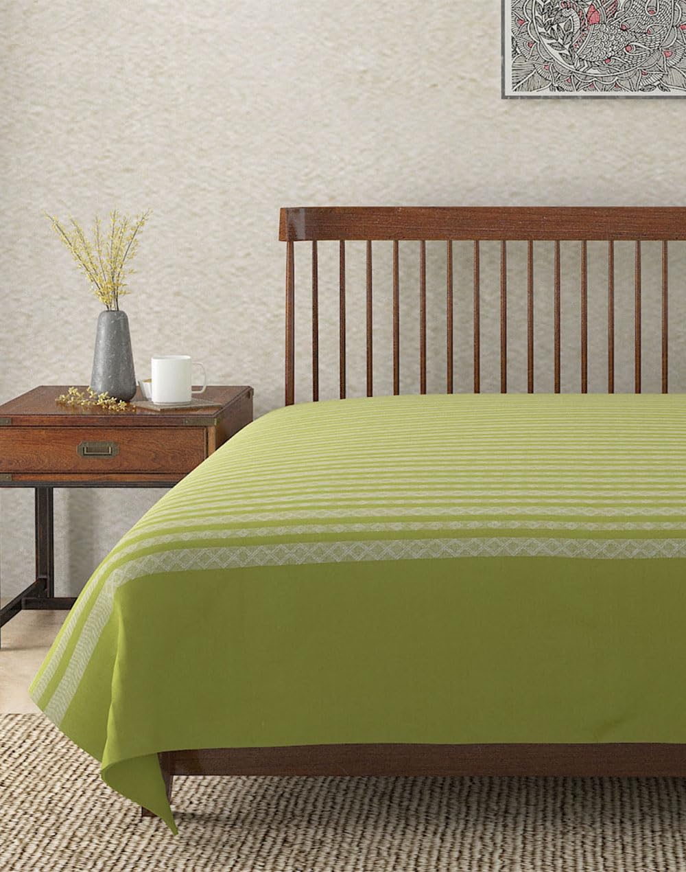 Fabindia Green Krisha Cotton Hand Woven 230 GSM Bed Cover-Queen