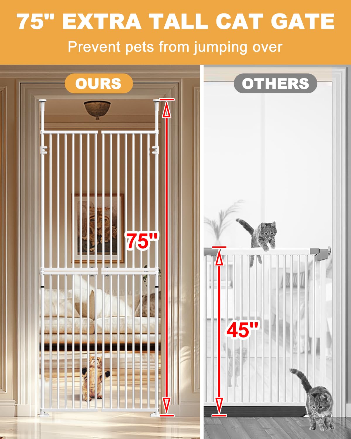 Rejilla para gatos extra alta de 180 cm para puertas sin escalar, puerta de doble acción para 65 – 72 cm de ancho, sin taladrar, espacio de rejilla de 3,17 cm, rejilla para mascotas, puerta de pasillo