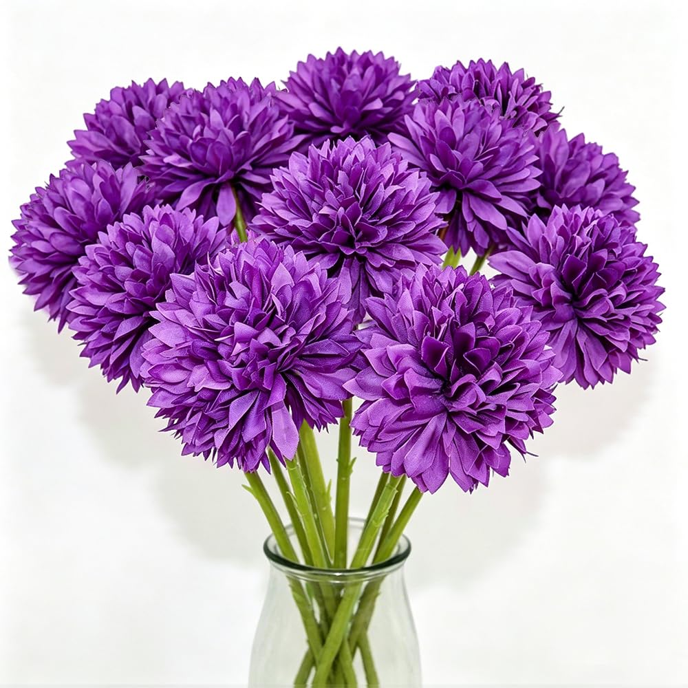 Tinsow 12 Pcs Artificial Flowers Purple Faux Ball Chrysanthemum Bouquet Flowers Wedding Bouquet for Home Garden Party Wedding Decoration