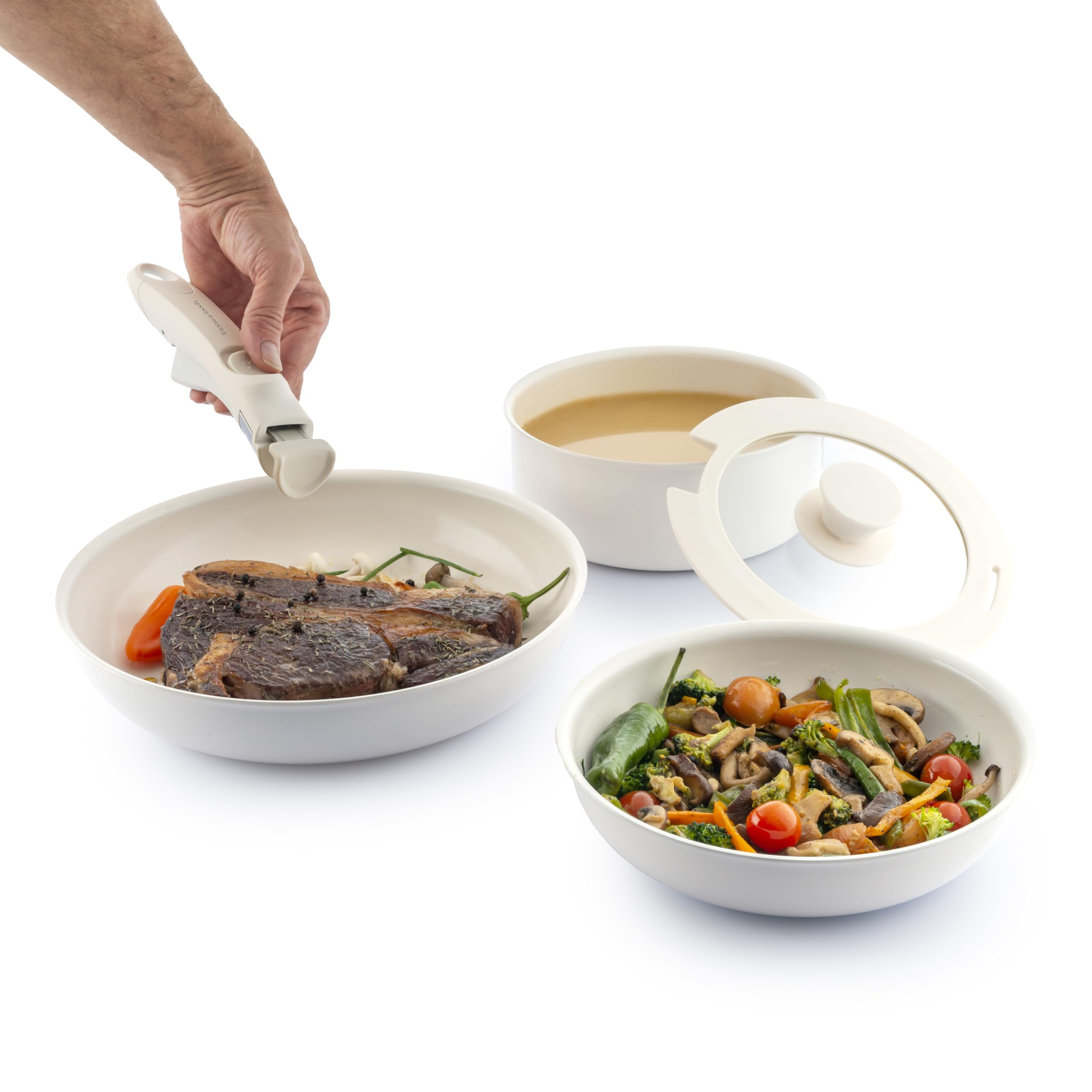 InnovaGoods® Juego de sartenes Juego de utensilios de cocina antiadherentes con Mango Extraíble, Menaje de Cocina con Tapas, Todo Tipo de Cocinas y Horno, apto Lavavajillas Horno. Beige (5 piezas)