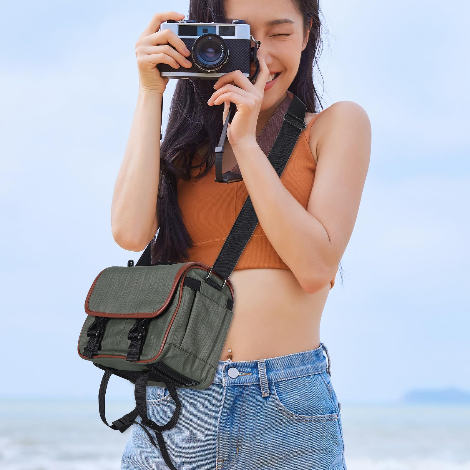 POPETPOP Borsa a Tracolla per Macchina Fotografica in Nylon Resistente, Piccola Custodia Protettiva per Fotocamere Mirrorless e Reflex, con Scomparti Organizzativi e Accesso Rapido,