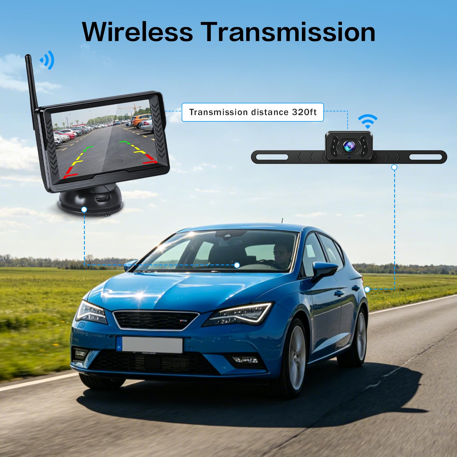 Hikity 5" IPS Display AHD Kit Telecamera Retromarcia Wireless per Veicoli Telecamera Impermeabile IP69 Linee a Griglia Grandangolare