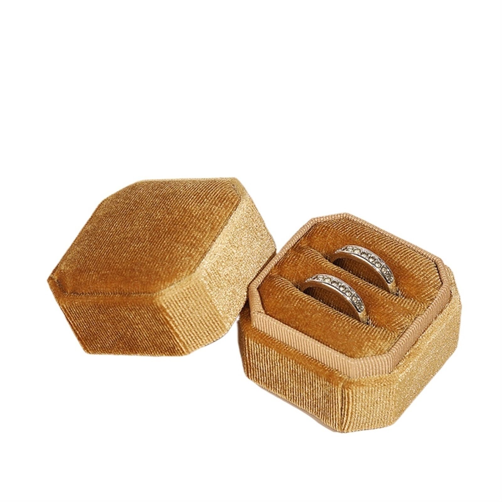 Ring Box Vintage Octagon Square Velvet Single And Double Ring Box With Detachable Lid Earrings Proposal Engagement Wedding Ceremony Gifts(Gold Double Ring)