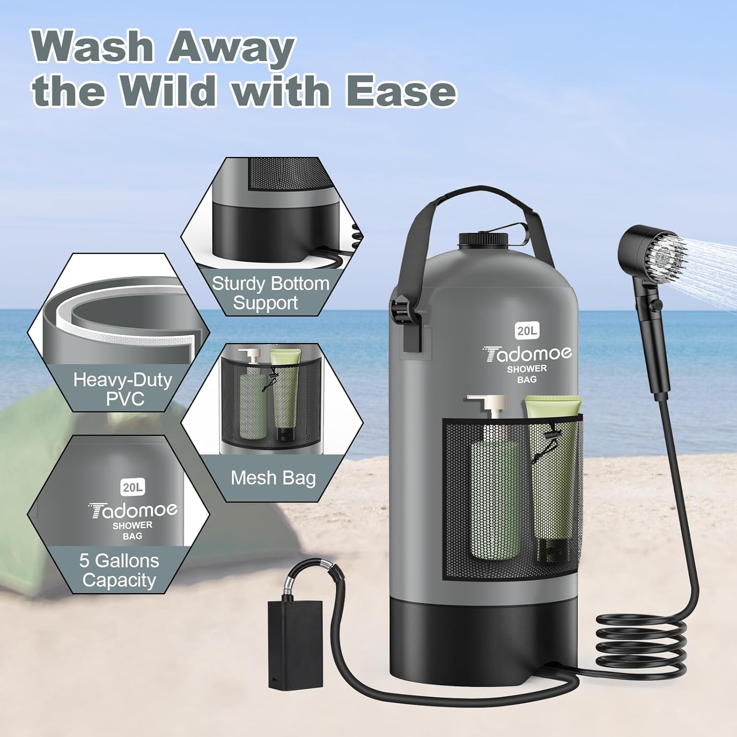 Portable Camping Shower with Battery Powered Pump, 5 Gal/20L Solar Heated Camp Shower Bag, 3-Mode Shower Head & Travel Case for Outdoor Camping, Beach Rinse & Dogs
