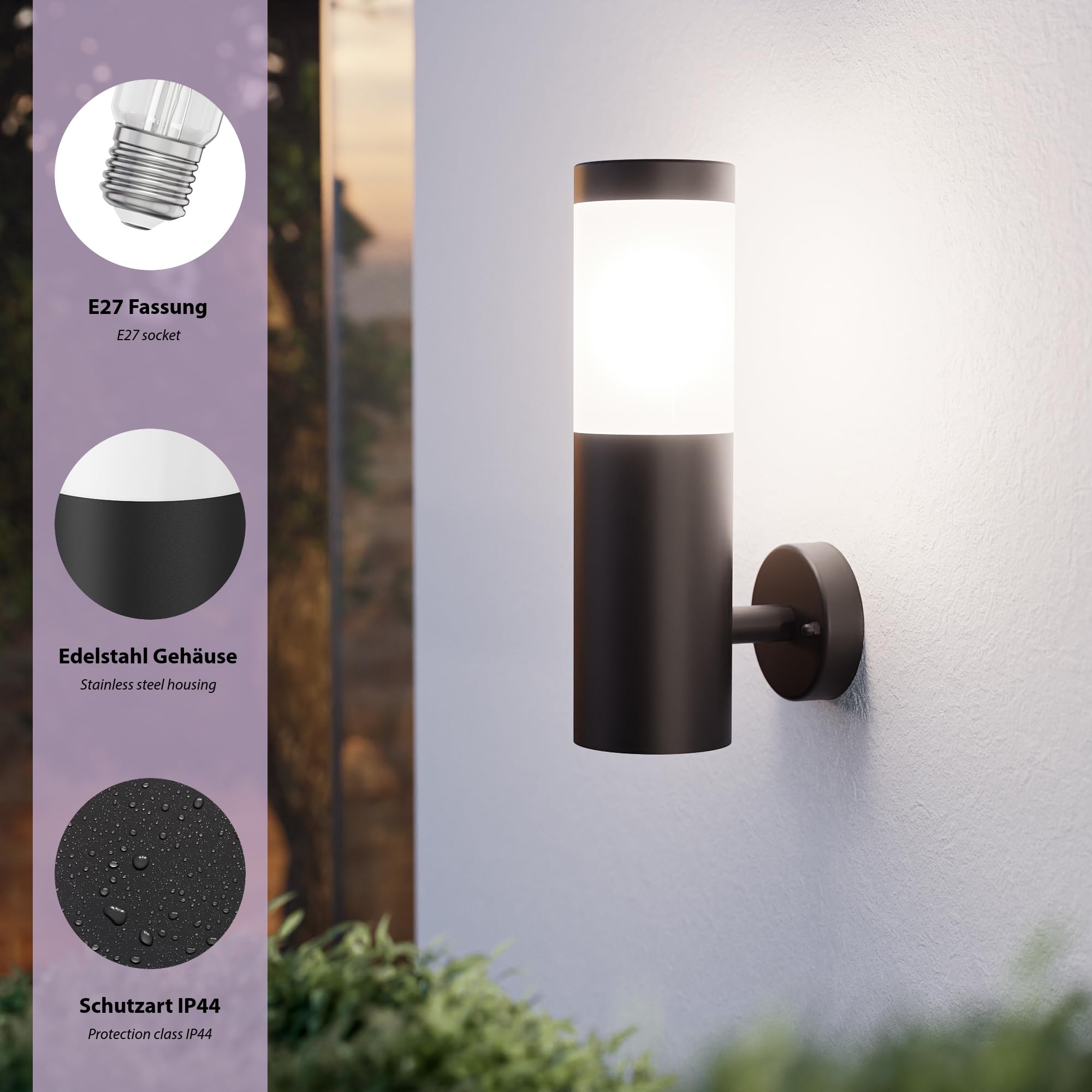 ledscom.de Wall Light PORU for Outdoors IP44, Stainless Steel, Black matt, Round, 1x E27 max. 40W, 1 piece (pack of 1) - Image 3