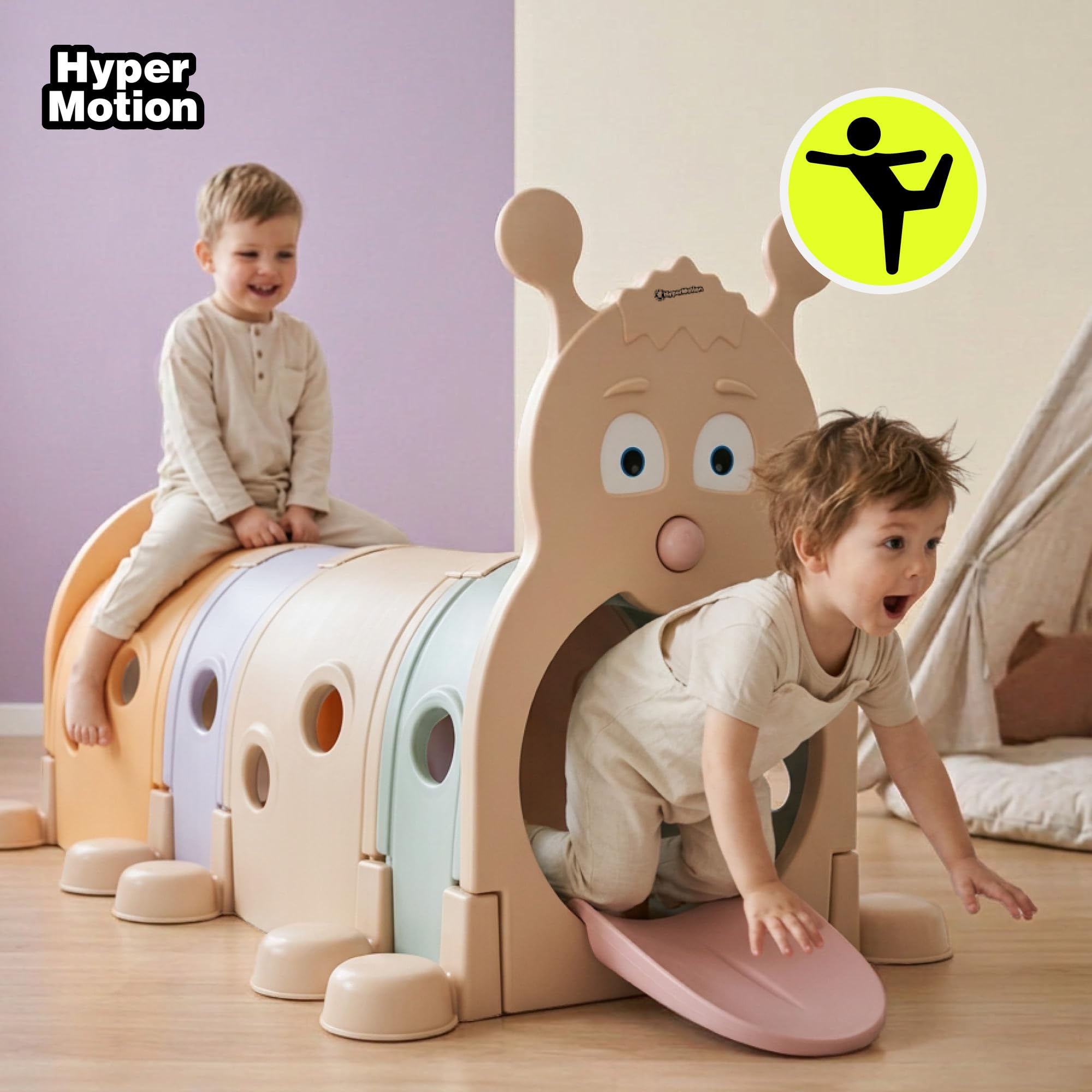 HyperMotion Tunel dla Dzieci Gąsienica HDPE Dom Ogród 190 cm | Pastelowy tunel z trwałego HDPE rozwija sprawność, koordynację i wyobraźnię podczas zabawy w domu oraz ogrodzie.