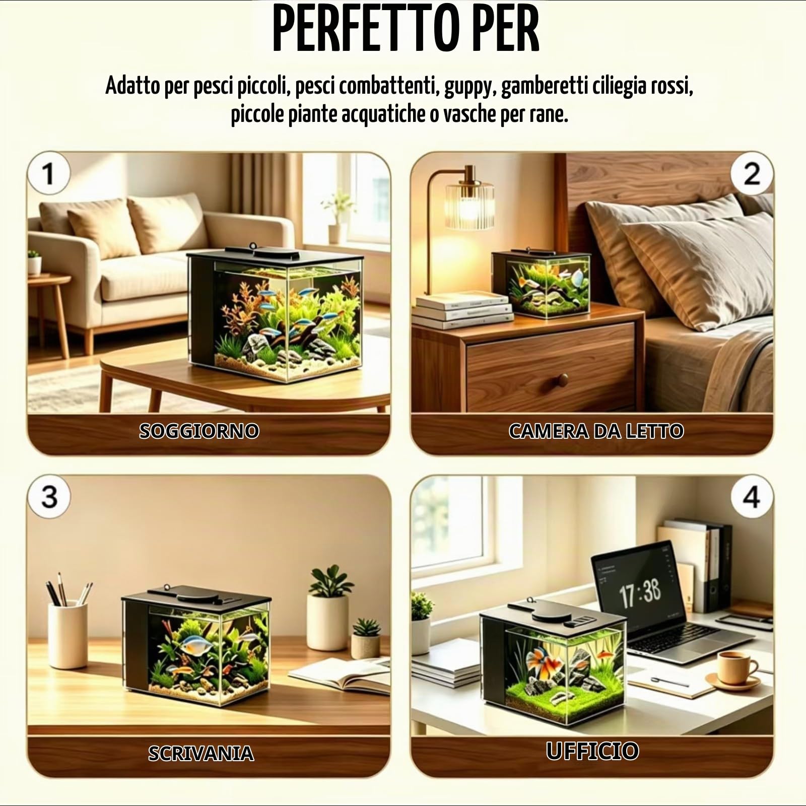 Set completo per acquario con filtro laterale e pompa 20x15x15cm, design a circolazione automatica con illuminazione a tre colori, adatto per pesci ornamentali, gamberetti e piante, per scrivania