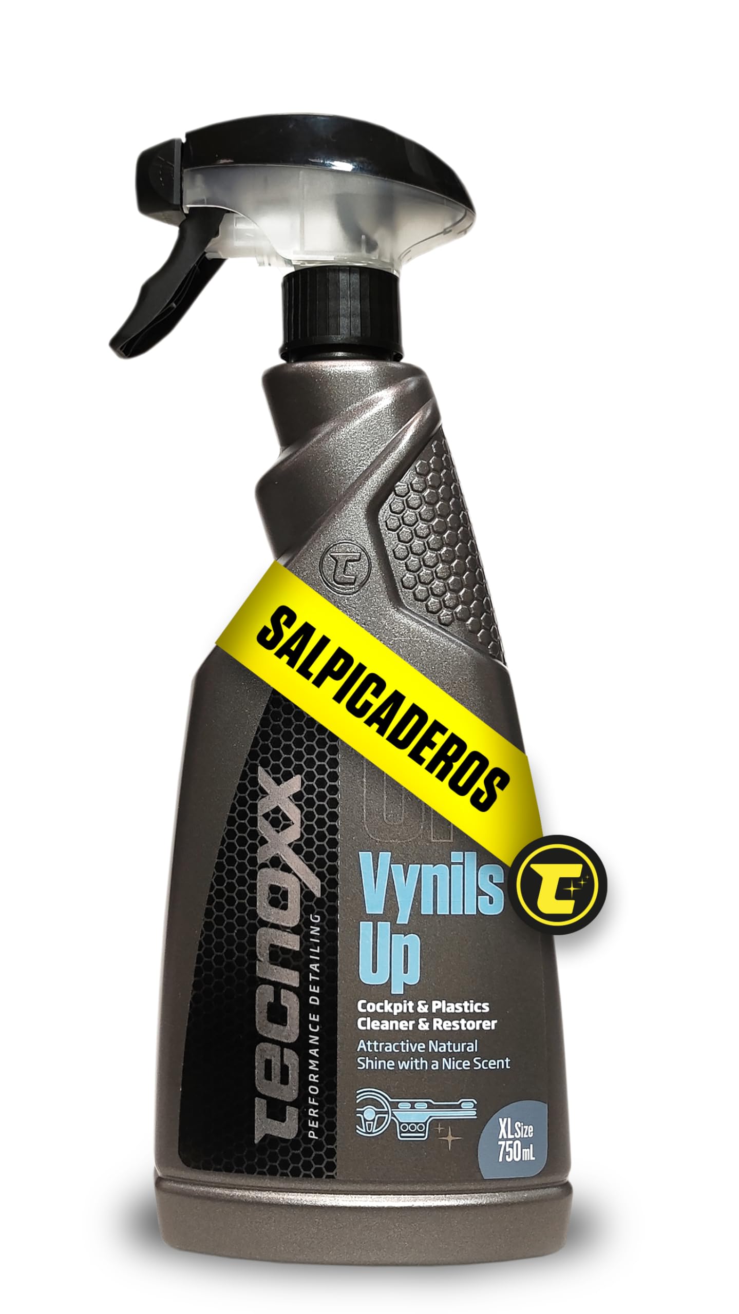 Tecnoxx Vynils Up Limpiador de Salpicaderos e Hidratador de Plásticos Interiores - Abrillantador con Aroma a Vainilla y Coco, Protección UV, 750 mL con pulverizador, brillo natural acabado no pringoso