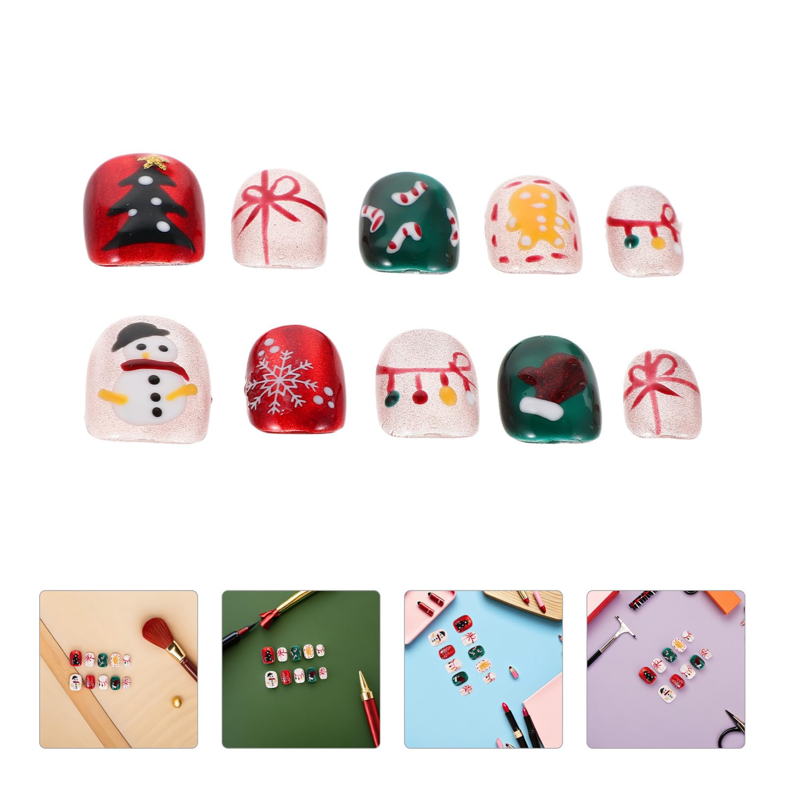 5 Sets Kurze Weihnachtliche Press On Nägel mit Kunststoff, Rund,
