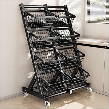 4 Tier Vegetable Fruit Baskets Rotating Kitchen Storage Shelf, Commercial Supermarket Retail Snack Rack Organizer On Wheels, Convenience Store MarketBlack-4 Tiers