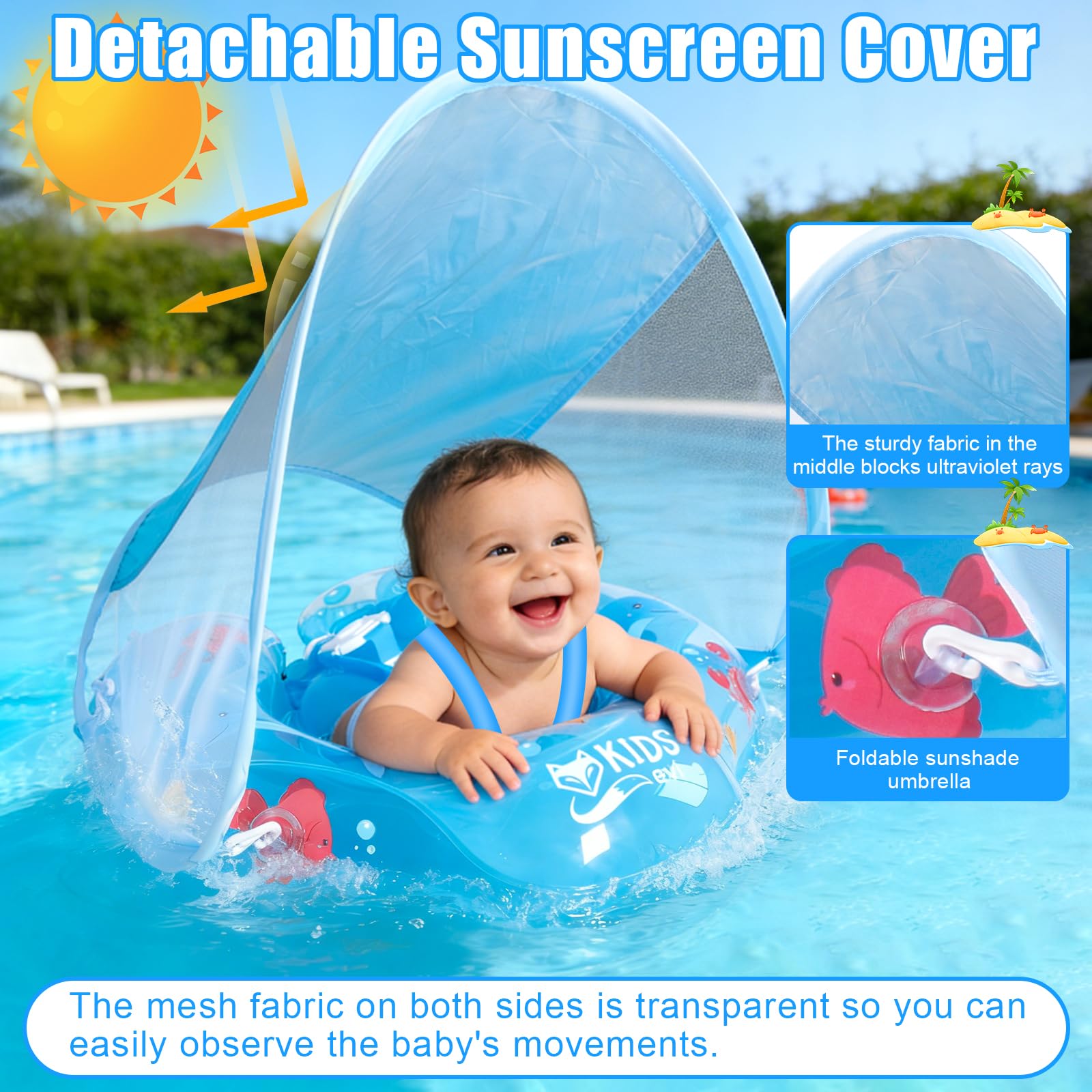 Piscina Salvagente Bambini Gonfiabile, Salvagente Neonato 1-3 anni, Salvagentes Neonato con Parasole e Seggiolino di Sicurezza, Anello di Nuoto Bambini UPF50+ Protezione UV(Blu)