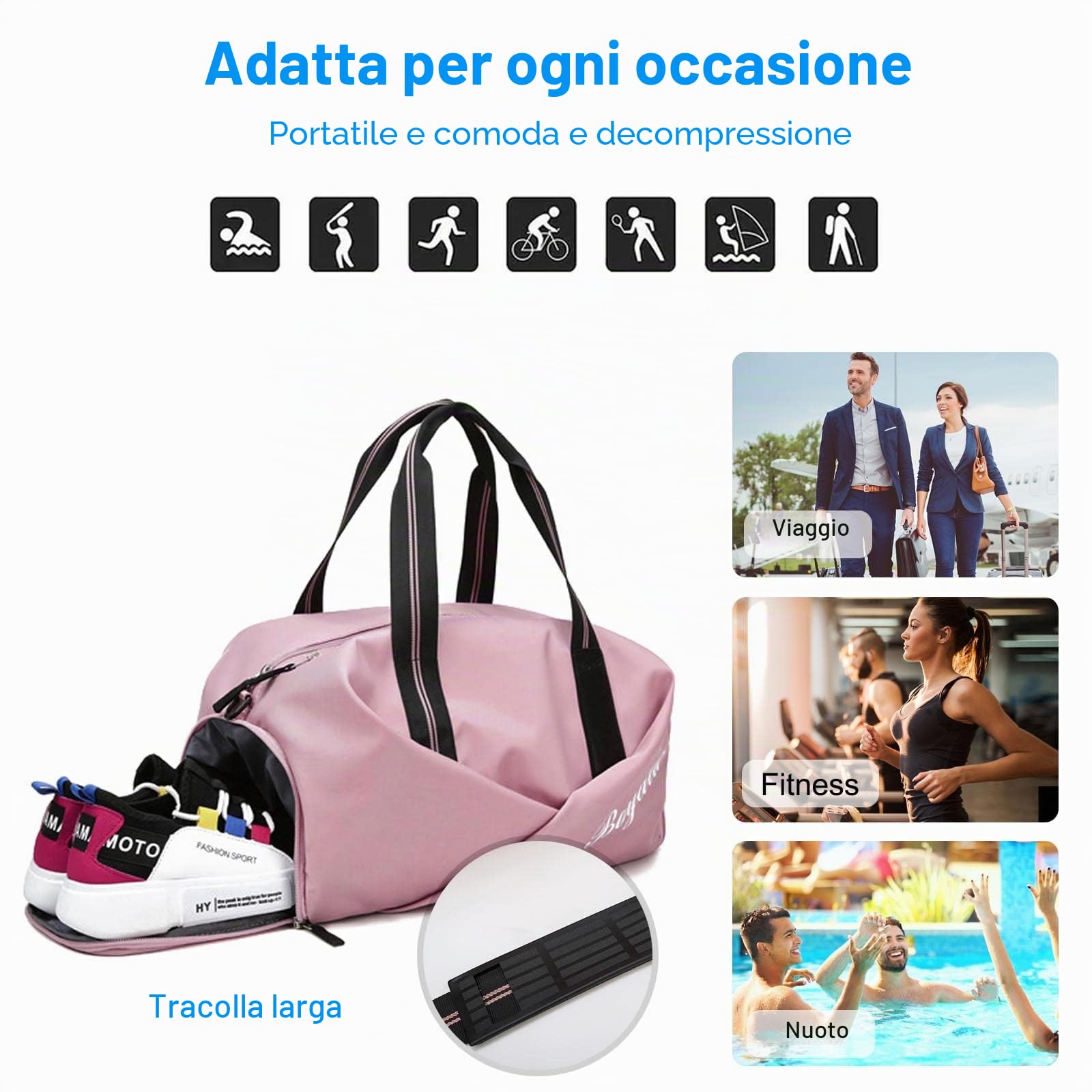 FANDARE Ultraleggero Borsone da Viaggio Borsa Palestra Borsa Sportivo Weekender Borsone Donna Uomo Piscina Palestra Borsa a Spalla con Scomparto Scarpe & Tasca di separazione bagnata e asciutta