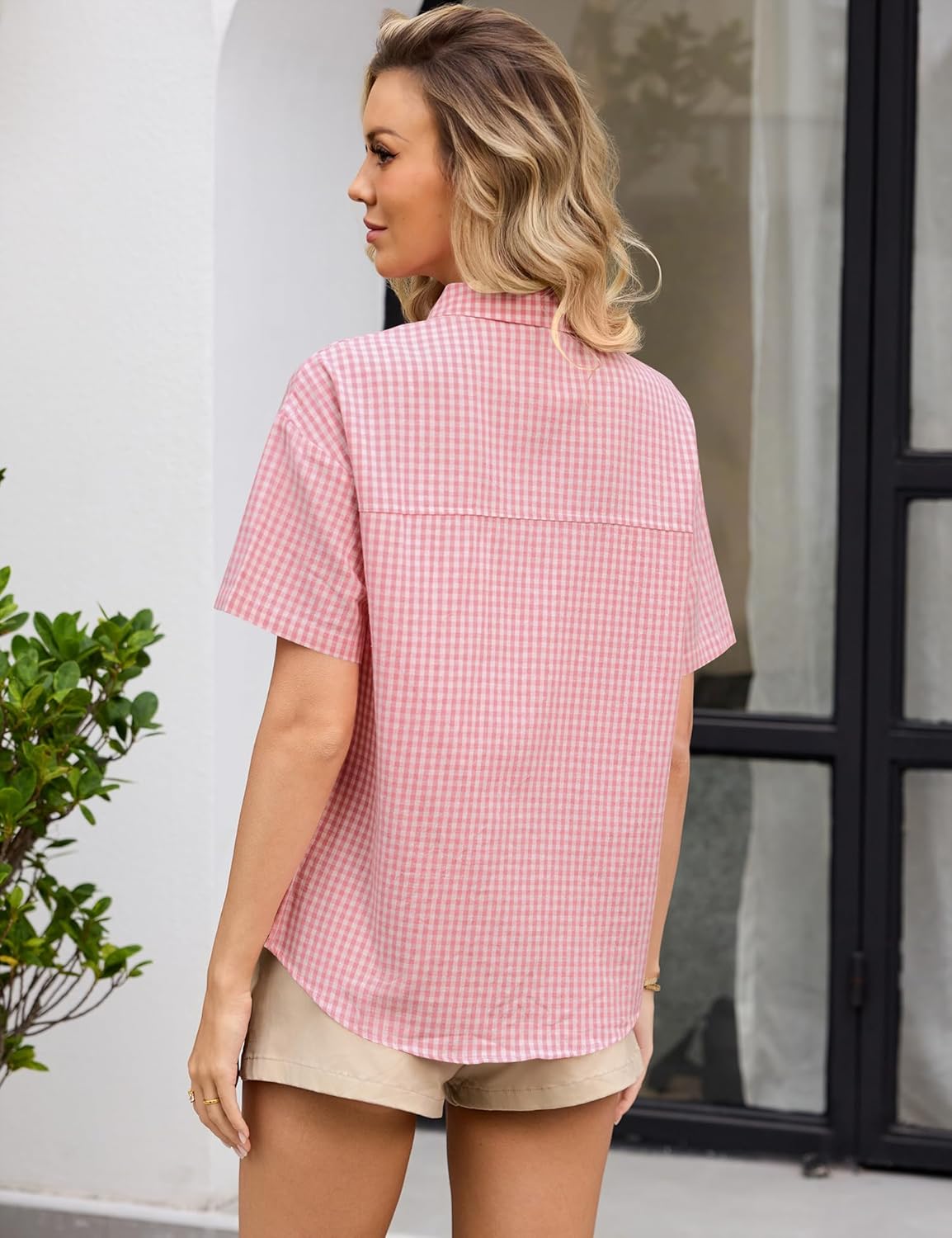 Rapbin Womens Short Sleeve Button Down Shirts Casual V Neck Collared Blouses Work Tops - Image 2