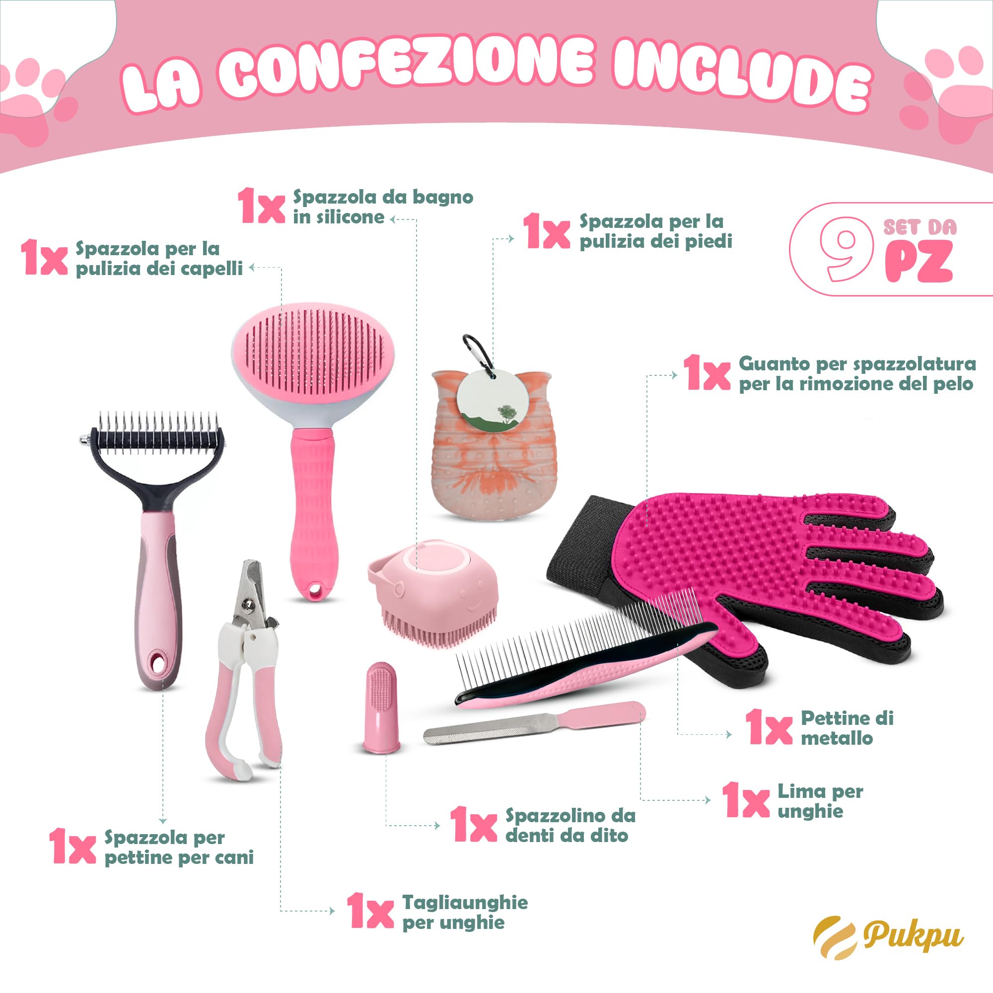 Kit Toelettatura Cani e Gatti 9 Pezzi, Rosa – Spazzola Autopulente, Taglia Unghie Cane e Gatto Adulto, Lava Zampe, Spazzola Lavaggio con Sapone, Guanto, Pettine e Lima