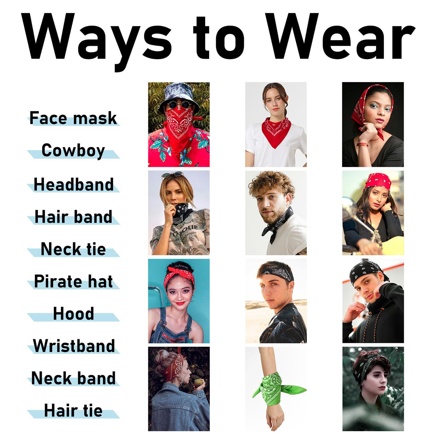 Falari Paquete de 12 bandanas multiusos de algodón novedoso de cachemira para vaqueros, hombres y mujeres, 22 x 22 pulgadas