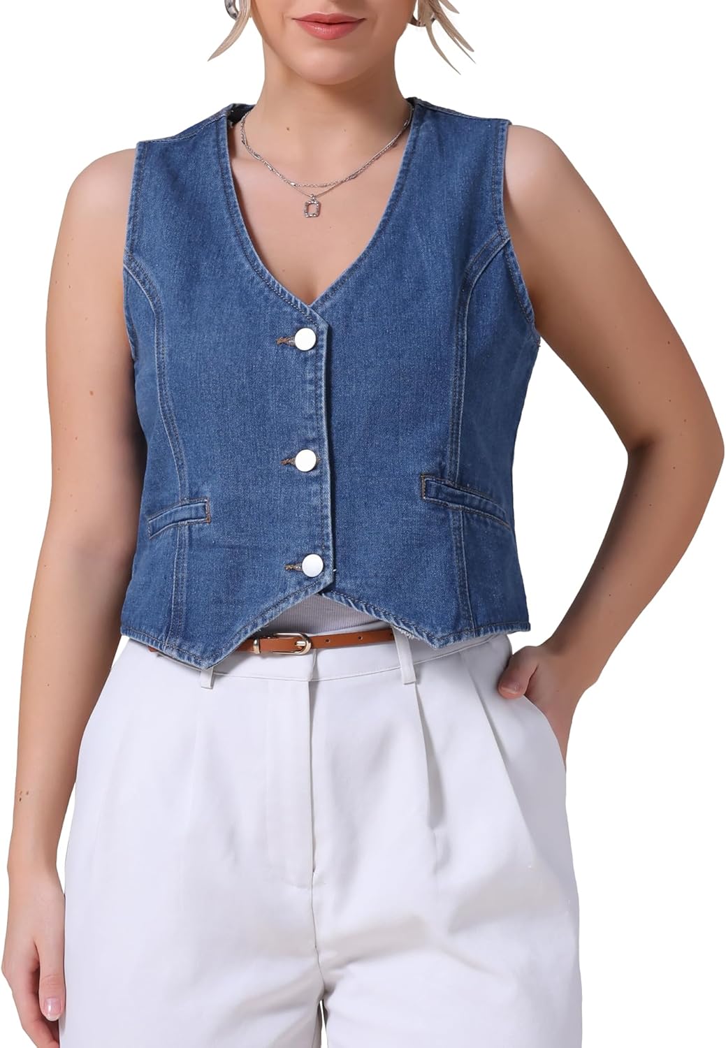 Women's Denim Vest V Neck Button Down Sleeveless Waistcoat Vest Top Western Outfits Casual Jean Vests