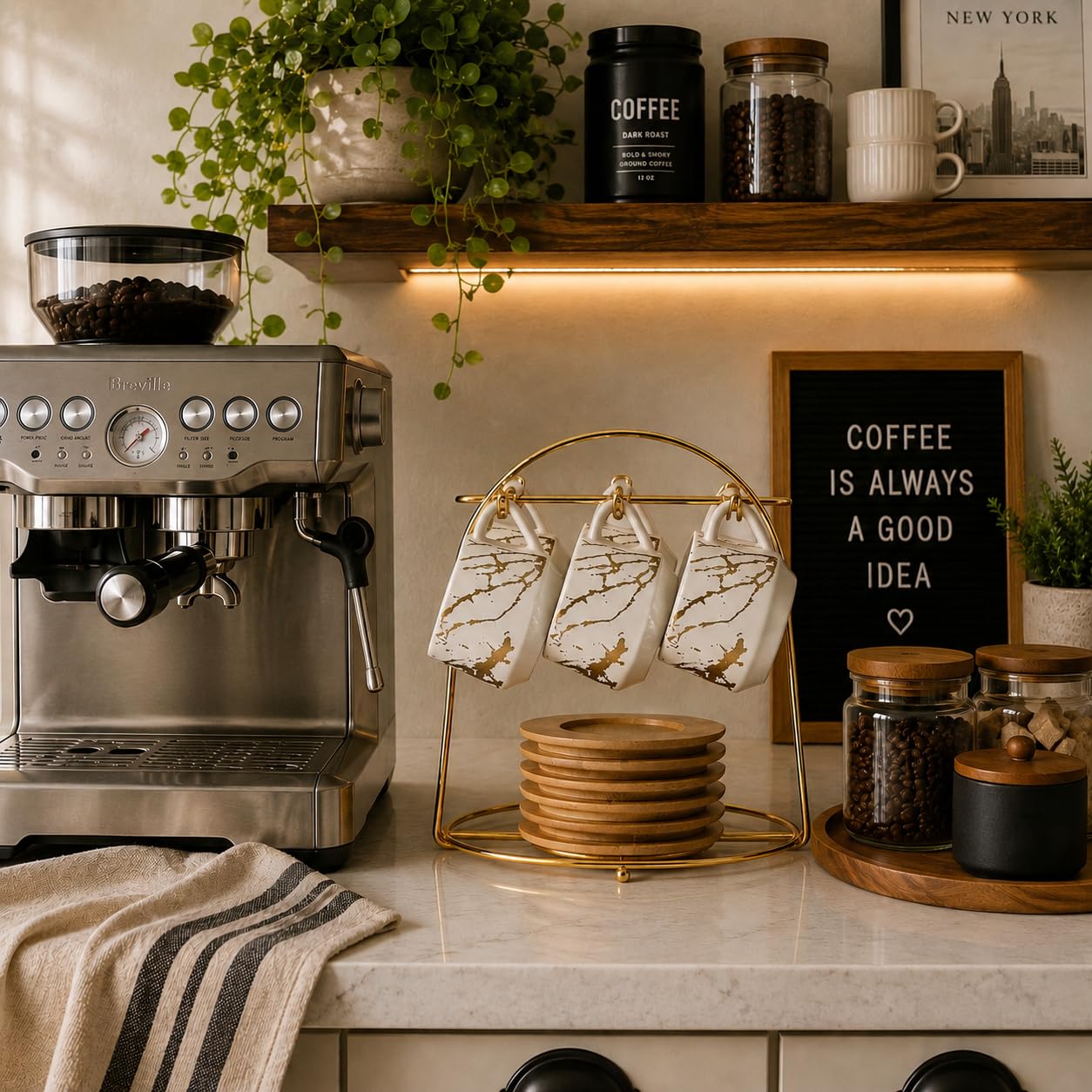 LUKA Set di 6 tazze da caffè in ceramica con piattini e supporto in metallo, piccole tazze da caffè in porcellana da 113,4 g, graziose tazze da cappuccino per doppio espresso, tè, bianco marmorizzato