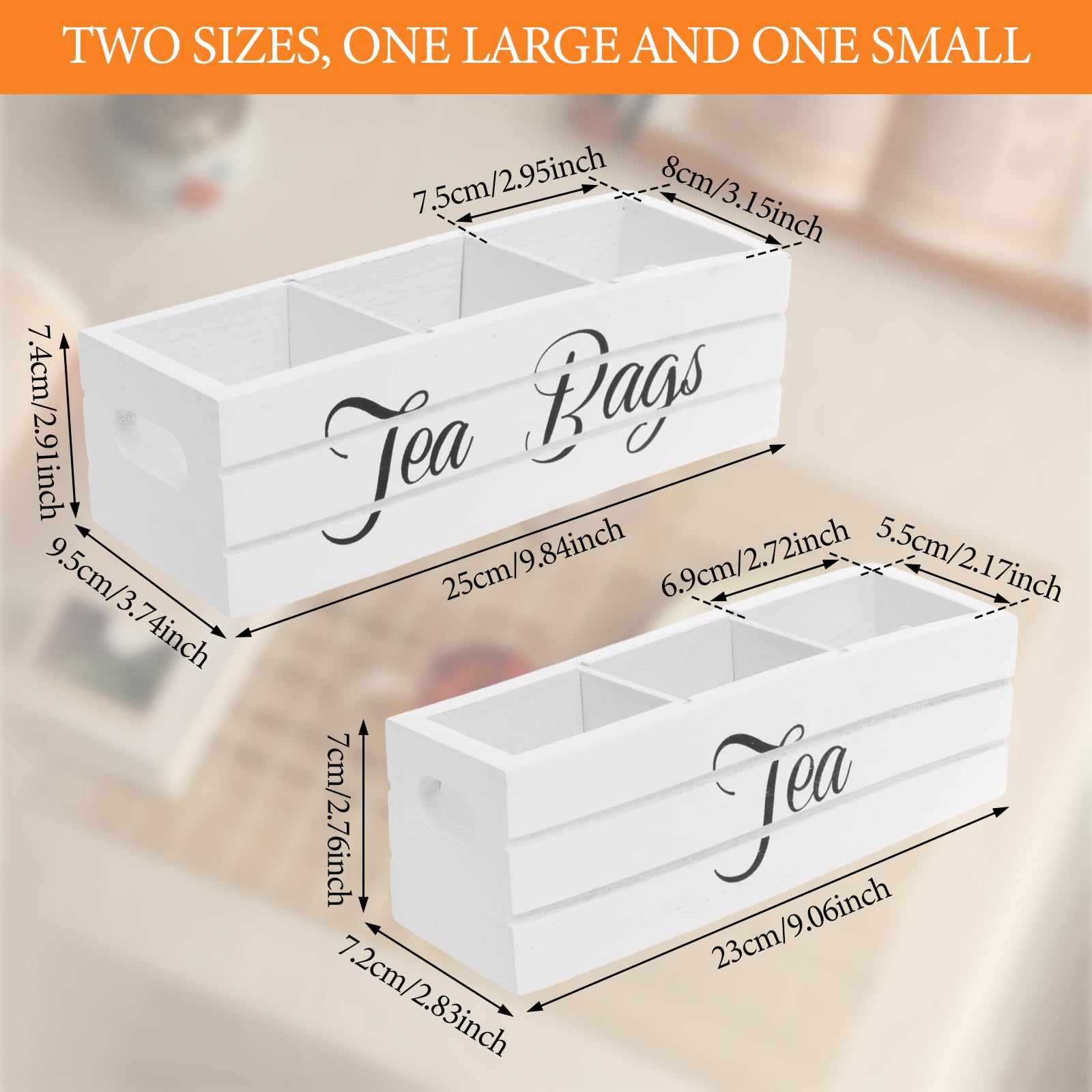 Tcwhniev 2 Pcs Tea Bag Box Wood Tea Bag Organizer with 3 Compartment, Decorative Sugar Packet Holder for Kitchen Countertop Office Desk Cabinet(white,2)