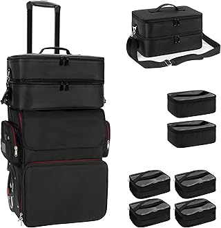 Large Makeup Train Case with Makeup Travel Bag and 4 Clear Makeup Bags for Hairstylist, Hairdresser Bag with Detachable Pouch,Heat Insulation Anti-scalding for Hairdressing Organizer Big wheels