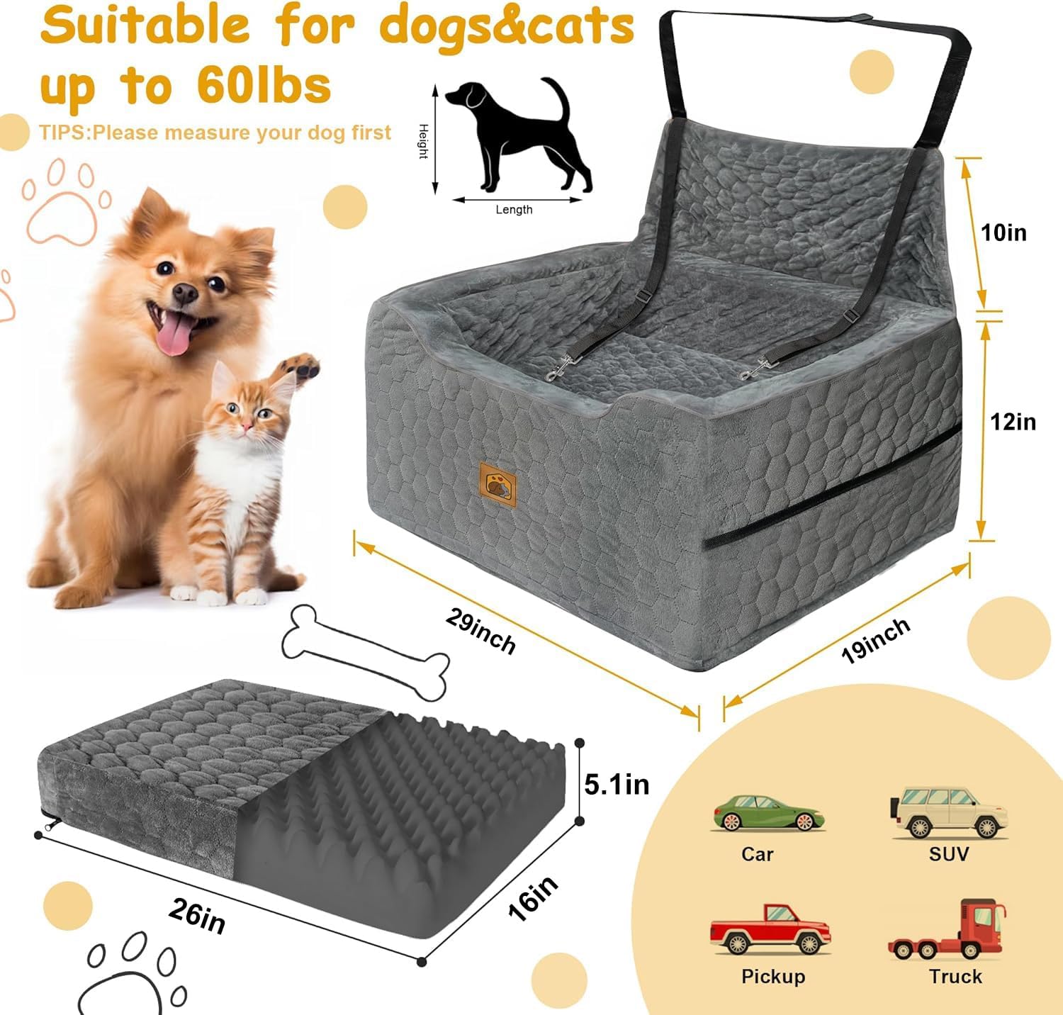 Dog Car Seat for Medium/Large Dog Booster Seat Under 60 lbs or 2 Small Dogs, Multi-Functional Pet Car Seat with Thick Cushion, 2 Safety Leashes (Gray) thumbnail