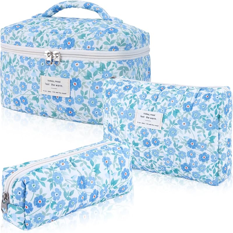 Conjunto com 3 necessaires de algodão matelassado Hatende com estampa floral azul
