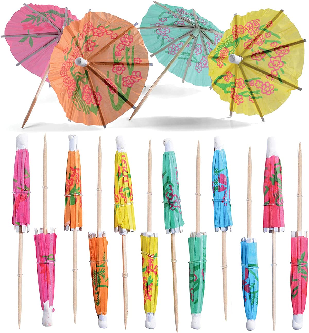 DELFINO Umbrella Picks Bulk Assorted Tropical Color Party Picks with Parasol Detail for Tiki, Picnics, Party Drinkware, Cake Toppers, and Party Decoration 50 Pcs
