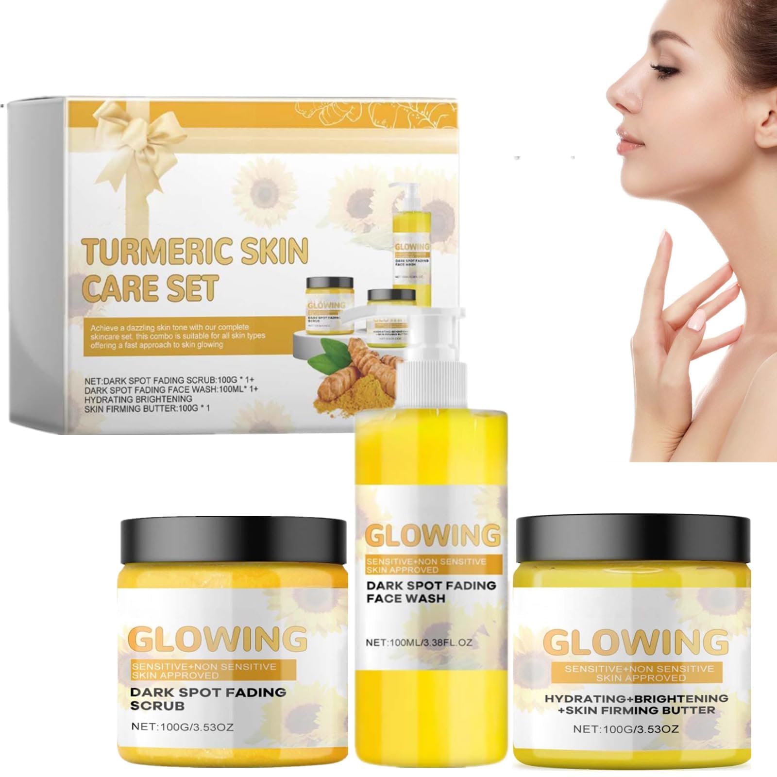 3 In 1 Turmeric Combo Skin Care Set, Facial Kit for Glowing Skin for Women, Turmeric Glow Face Wash, Turmeric Face Scrub, Turmeric Glow Butter, Long-Lasting Moisture for Face and Body (Combo Set)