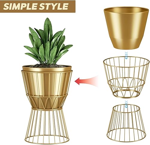 Miniatura 4 de Maceta con soporte, maceta de metal dorado con soporte, macetas modernas únicas de 12 pulgadas para interiores con soporte dorado con drenaje,