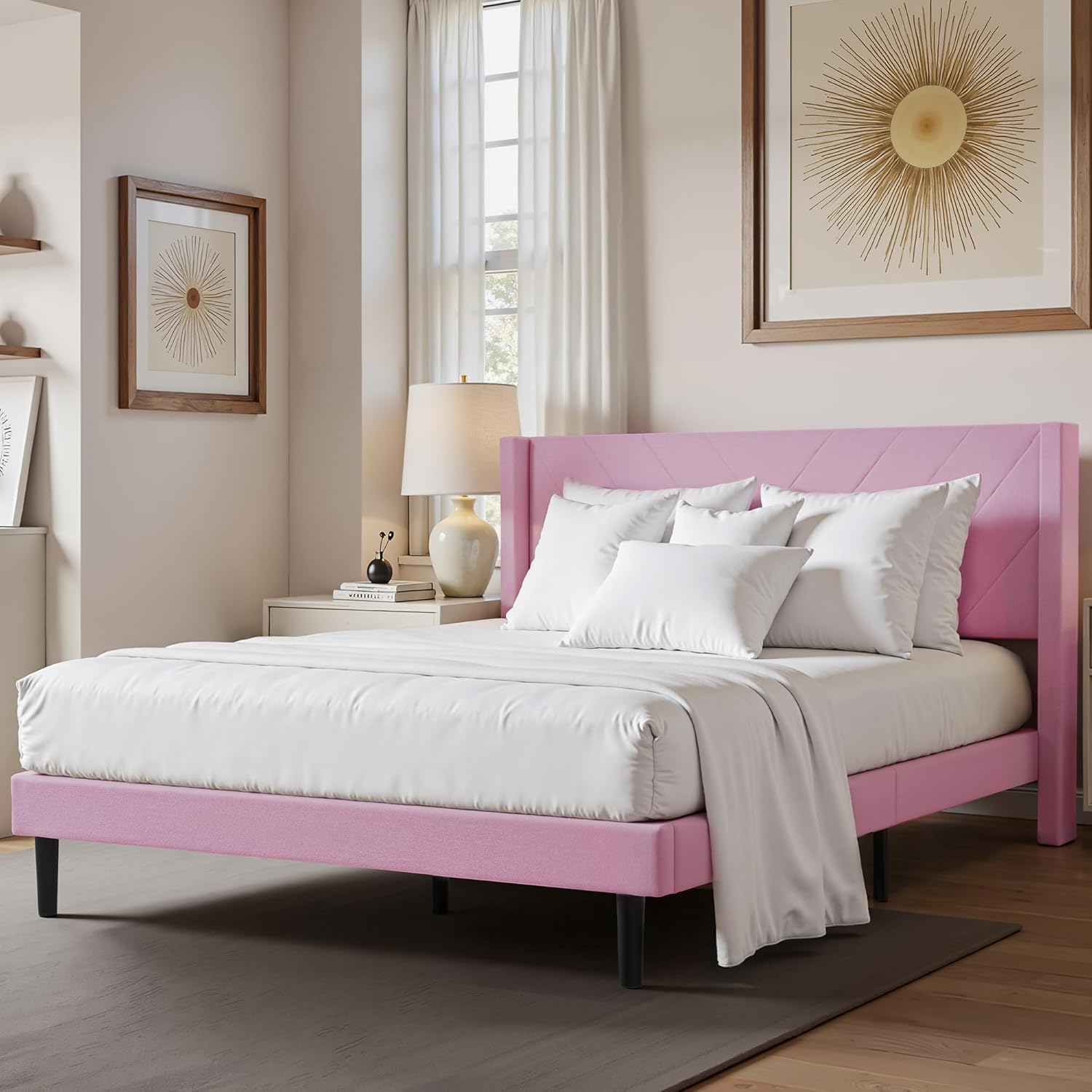 Queen Size Platform Bed Frame with Wingback Upholstered Headboard, Sturdy Wooden Slats Support, No Box Spring Needed, Easy to Assembly, Noise Free, Pink