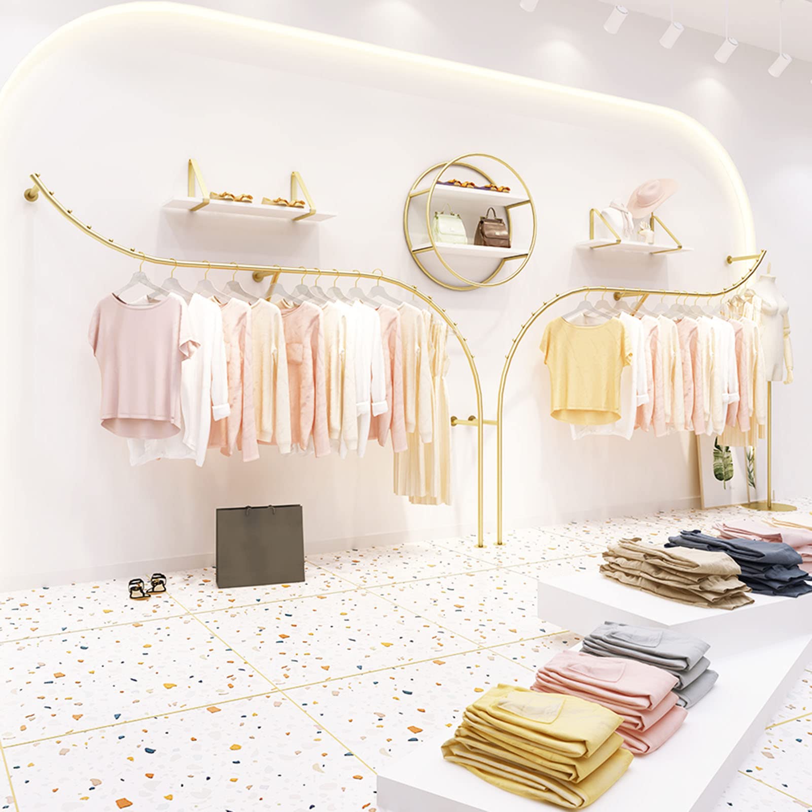 Wandmontierte Boutique-Bekleidungsgeschäft-Präsentationsregale,Moderne Metall-Einzelhandelsgeschäft-Bekleidungs-Präsentationsregale,goldene Kleiderbügel,Schrank-Hängestangen,Waschküchen-Klei