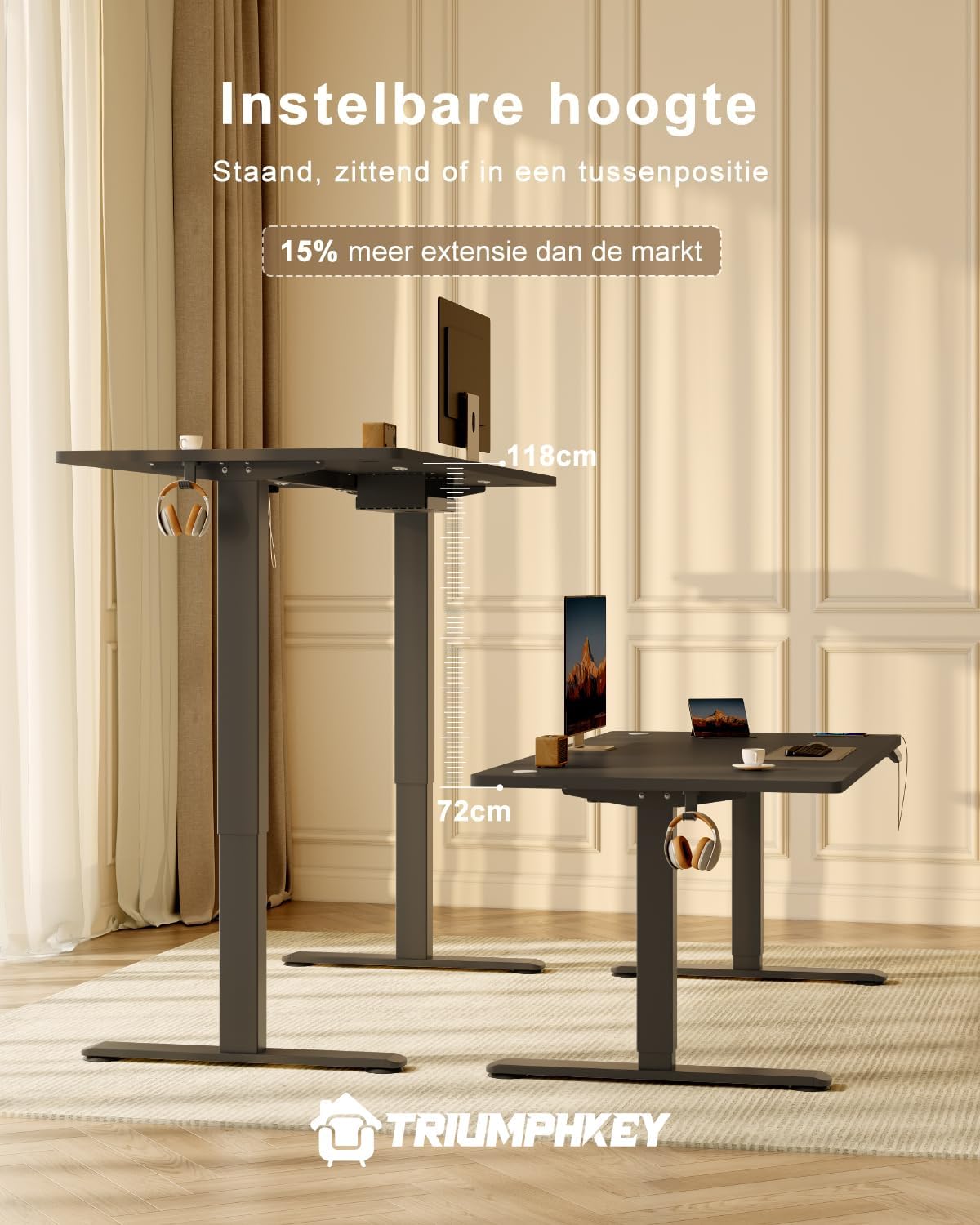 Comparison of the desk at its lowest (72cm) and highest (116cm) positions.