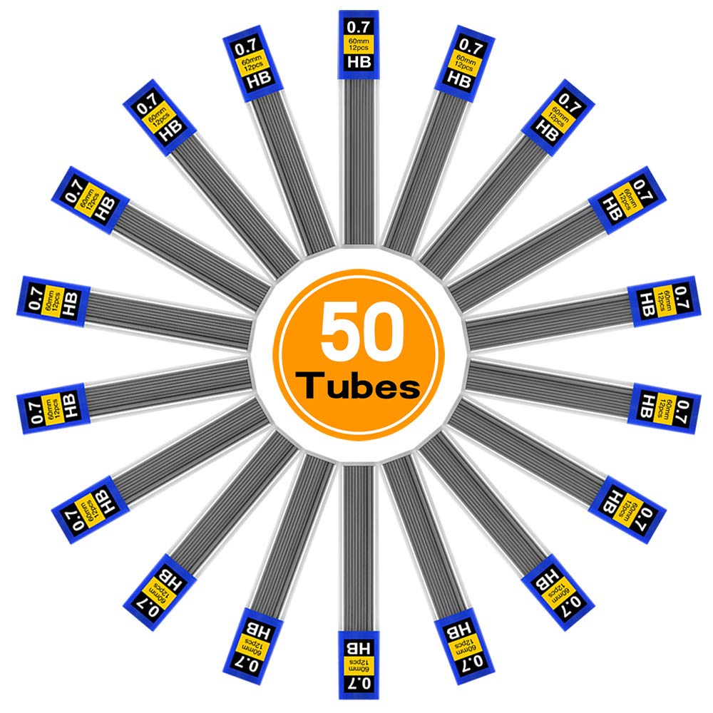 Coopay 600 sztuk wkładów ołowiowych 0,7 mm HB odporne na pękanie wkłady do ołówków mechanicznych, 12 opakowań na tubę, 50 rur (0,7 mm)