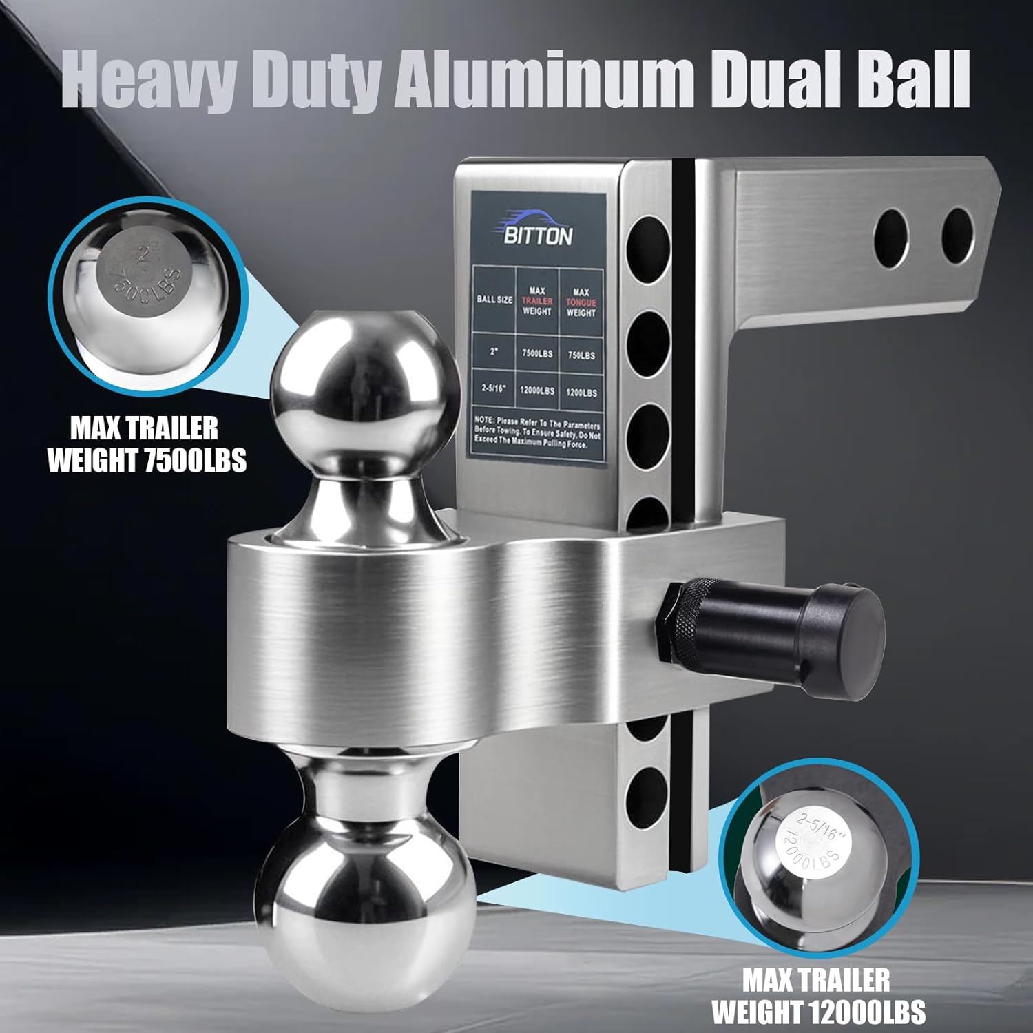 Adjustable Trailer Hitch Ball Mount Hitch, 6" Drop Lift Ball Hitch for 2 and 2.5 Inch Receiver, 12000 LBS Heavy Duty Aluminum Alloy Dual Towing Ball (2" x 2-5/16") with Anti-Theft Locking Pin Hitch