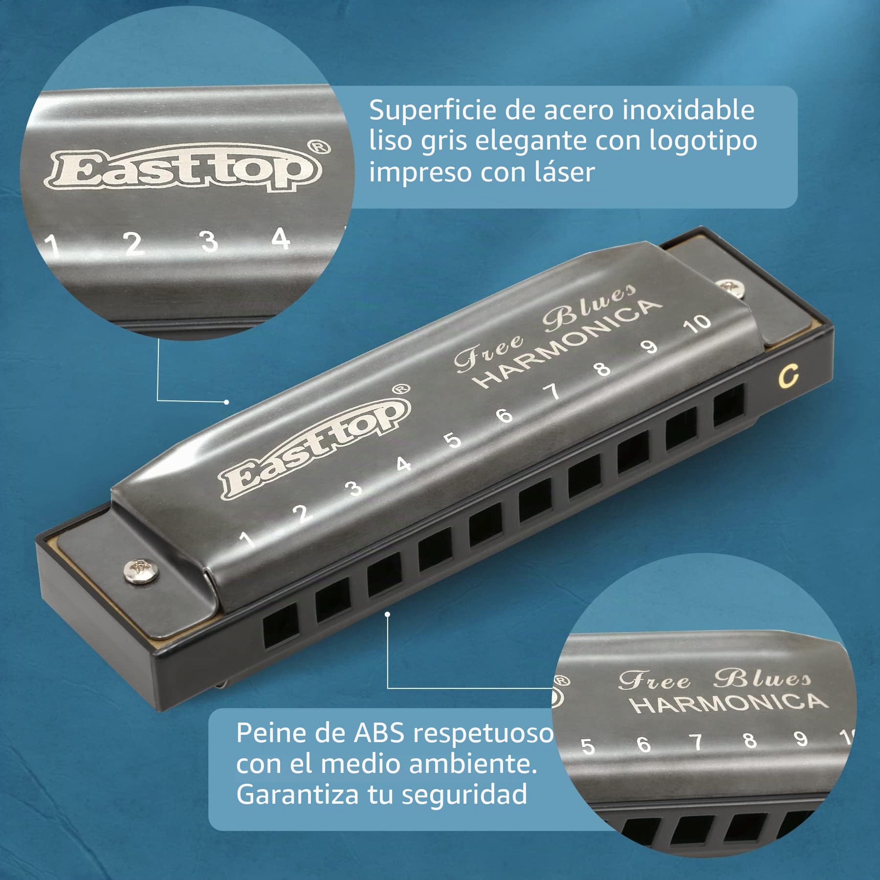 East top Armónica de Blues Diatónico Llave de C, 10 Agujeros 20 Tonos Blues Arp Mouth Organ Armónica para Adultos, Principiantes, Profesionales y Estudiantes (Gris Plata)