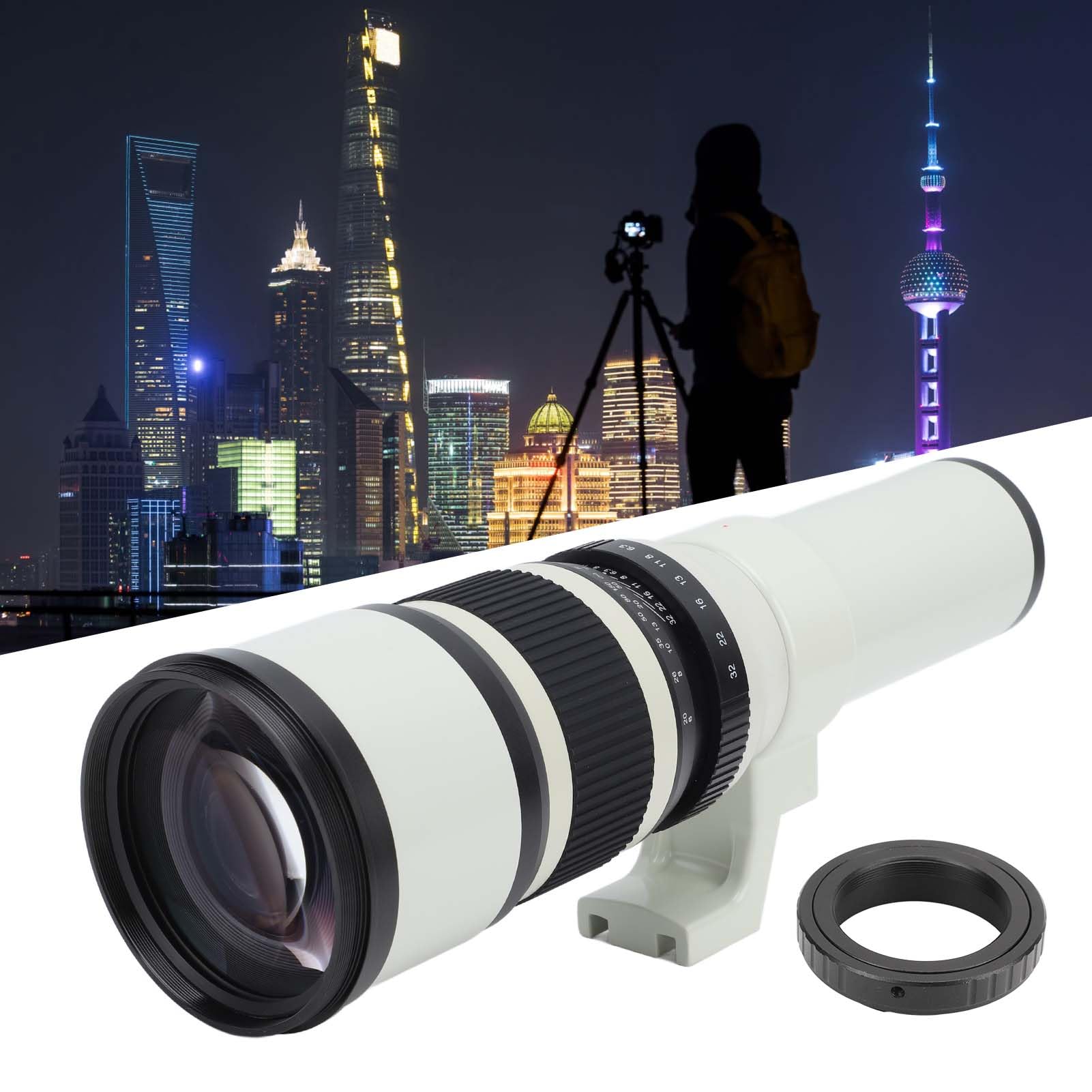 Teleobiettivo Prime da 500 Mm F/6.3 con Messa a Fuoco Fissa + Anello Adattatore per Montaggio Obiettivo AF T2, Teleobiettivo per Fotografia Astronomica per Fotocamera con (White)
