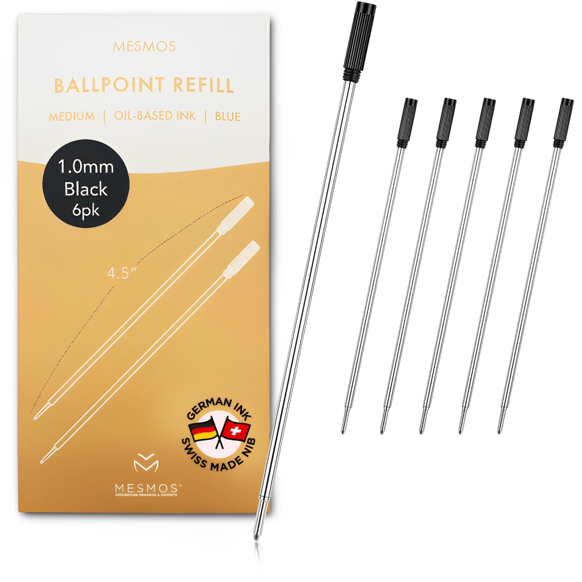 MESMOS 6 Pack Cross Compatible Pen Refills Ballpoint Black Ink, 1mm Medium Point, German-Made Ink and Swiss-Made Nib, Pen Replacement Refills, 4.5 inch (116mm) (Black Ink)