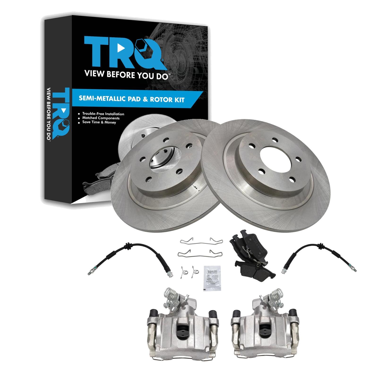TRQ Rear Brake Pad and Rotor Set Semi Metallic Rotors Calipers Hoses Compatible with 2007-2008 Mazda 5